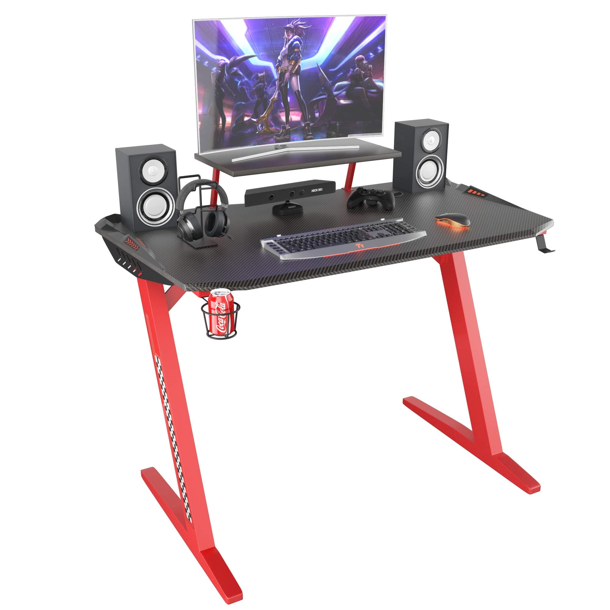 Computer Gaming Desk 47 inch with Monitor Shelf Office Computer Table Desk with Cup Holder Headphone Hook and Cable Management Drawer Gamer Workstation Game Table,Coleshome,Red