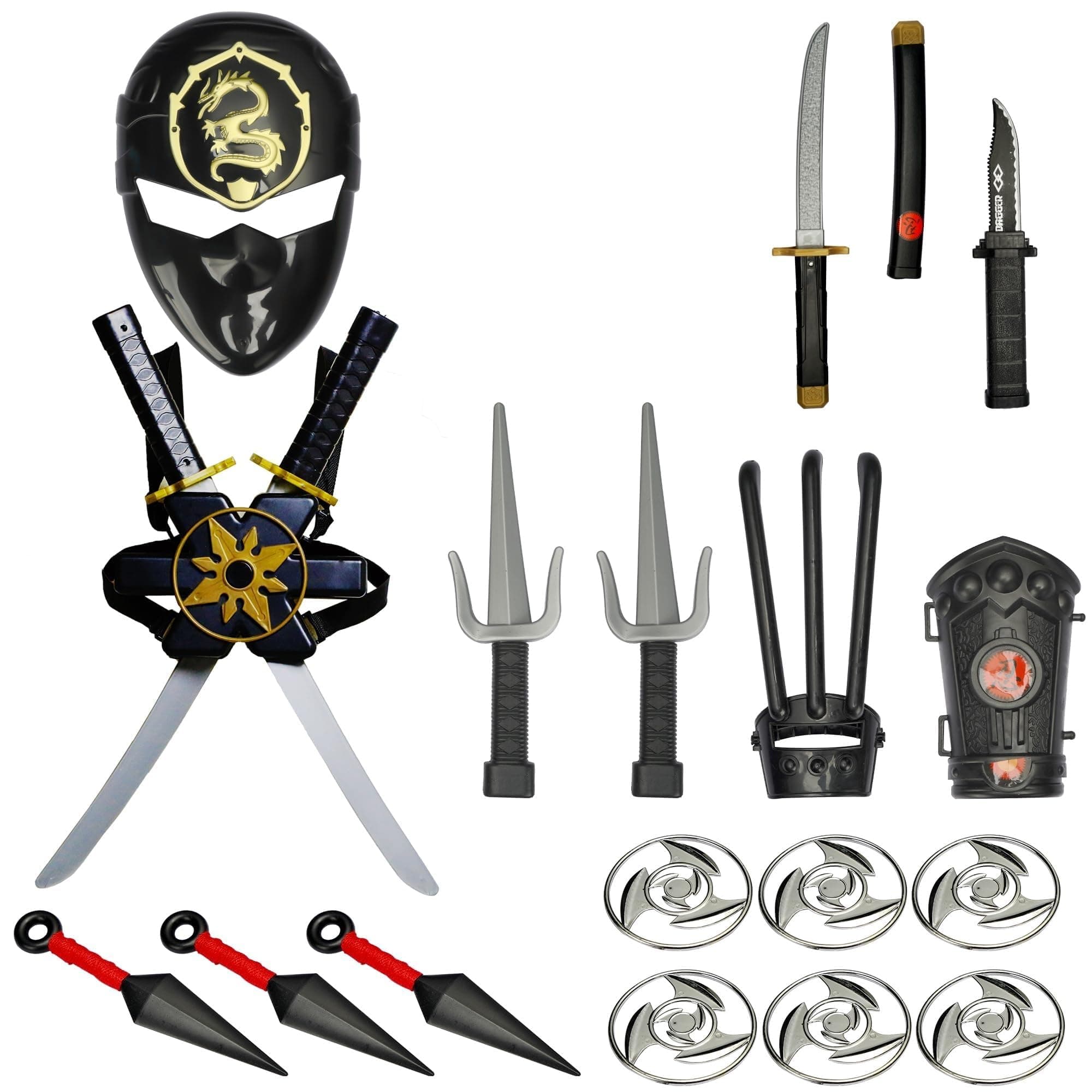 Ninja Warrior Toy Weapons Set Ninja Knife Katana Sai Mask Bow & Arrow Dagger Darts Throwing Stars Ninja Kids Dress Up Cosplay Role Play Accessory Kit