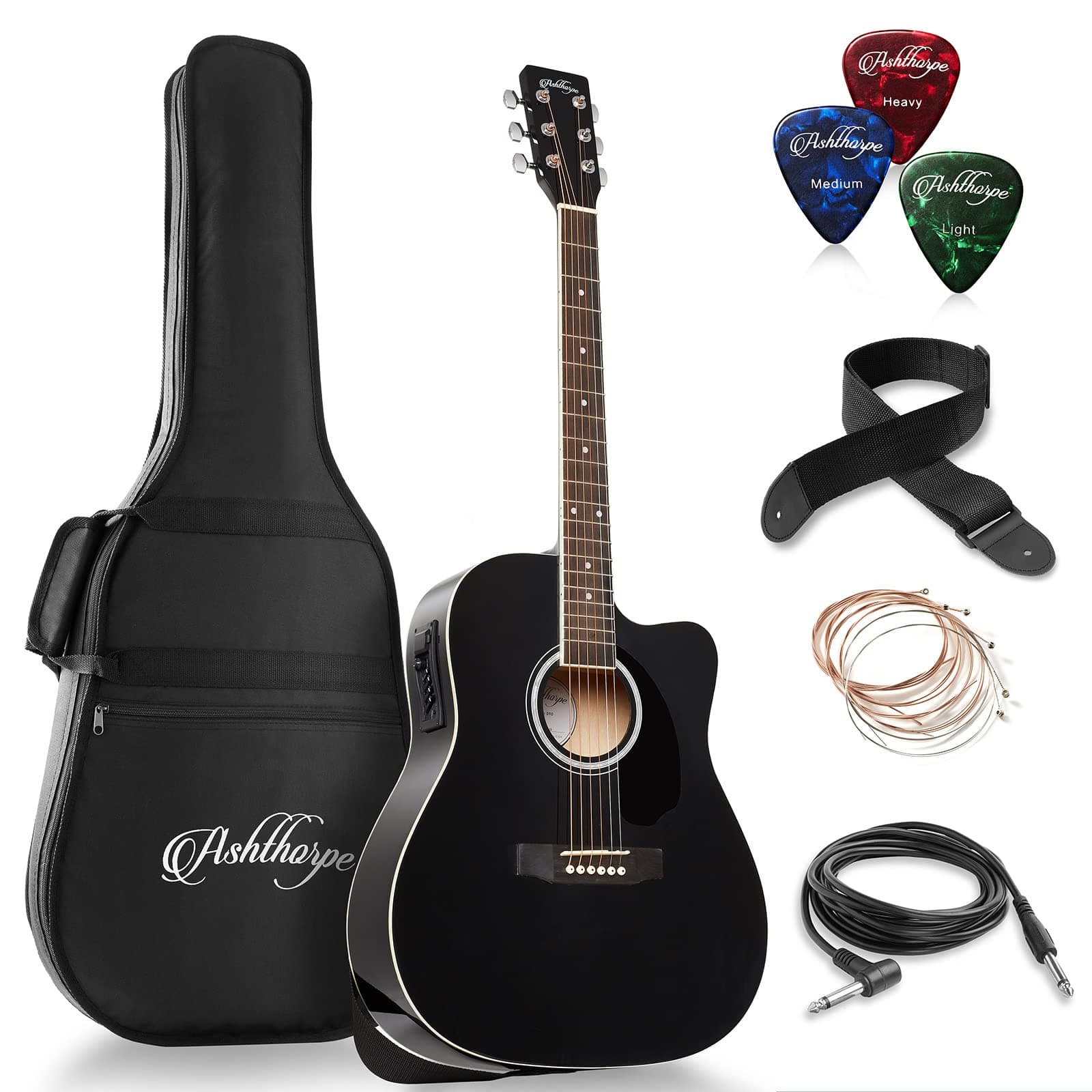 Ashthorpe Full-Size Dreadnought Cutaway Acoustic-Electric Guitar Bundle - Premium Tonewoods - Black