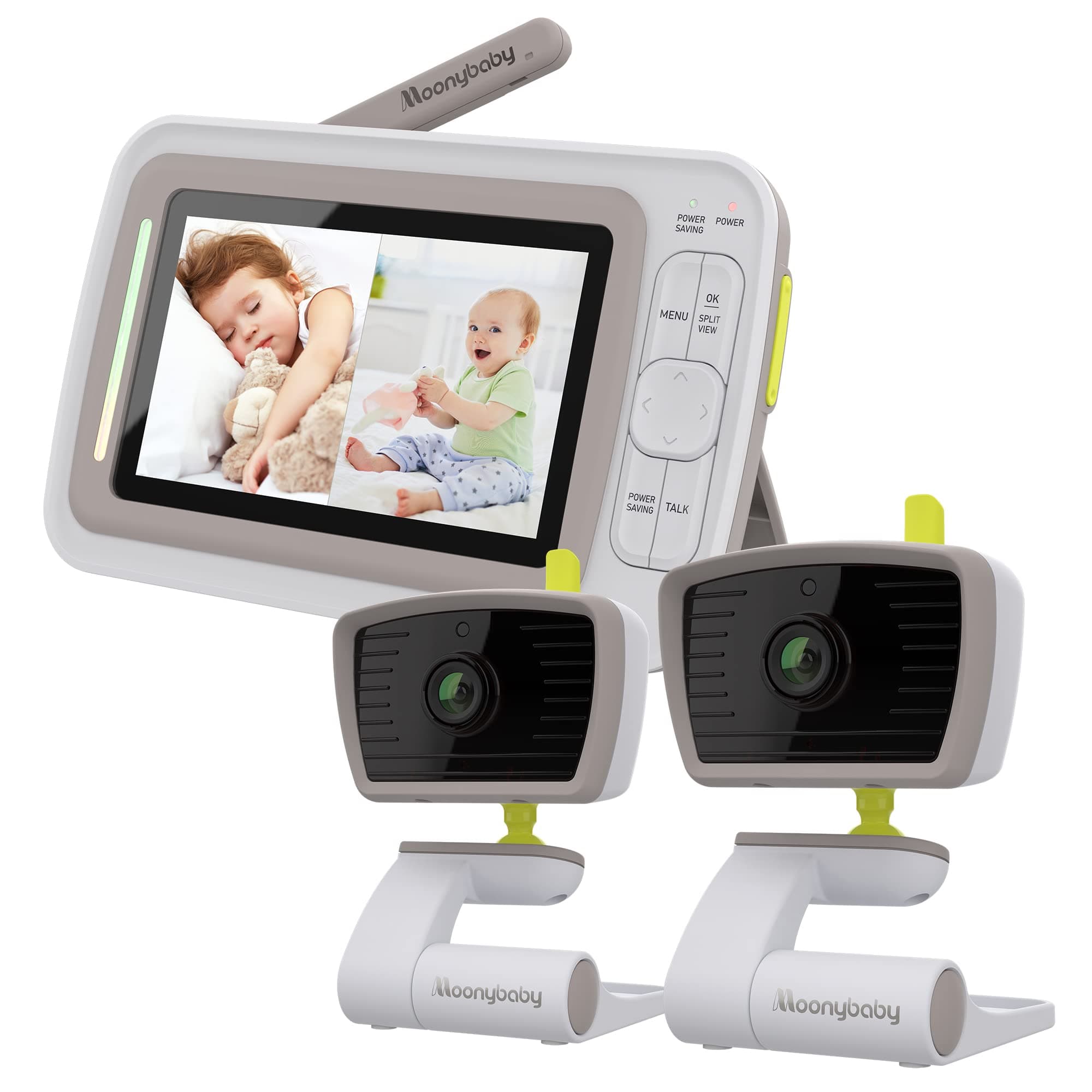 Moonybaby Baby Monitor Long Range No WiFi, 2 Wide View Cameras, Baby Room Temperature Display, 4.3" Split Screen, Auto Night Vision, 2-Way Audio, Lullaby
