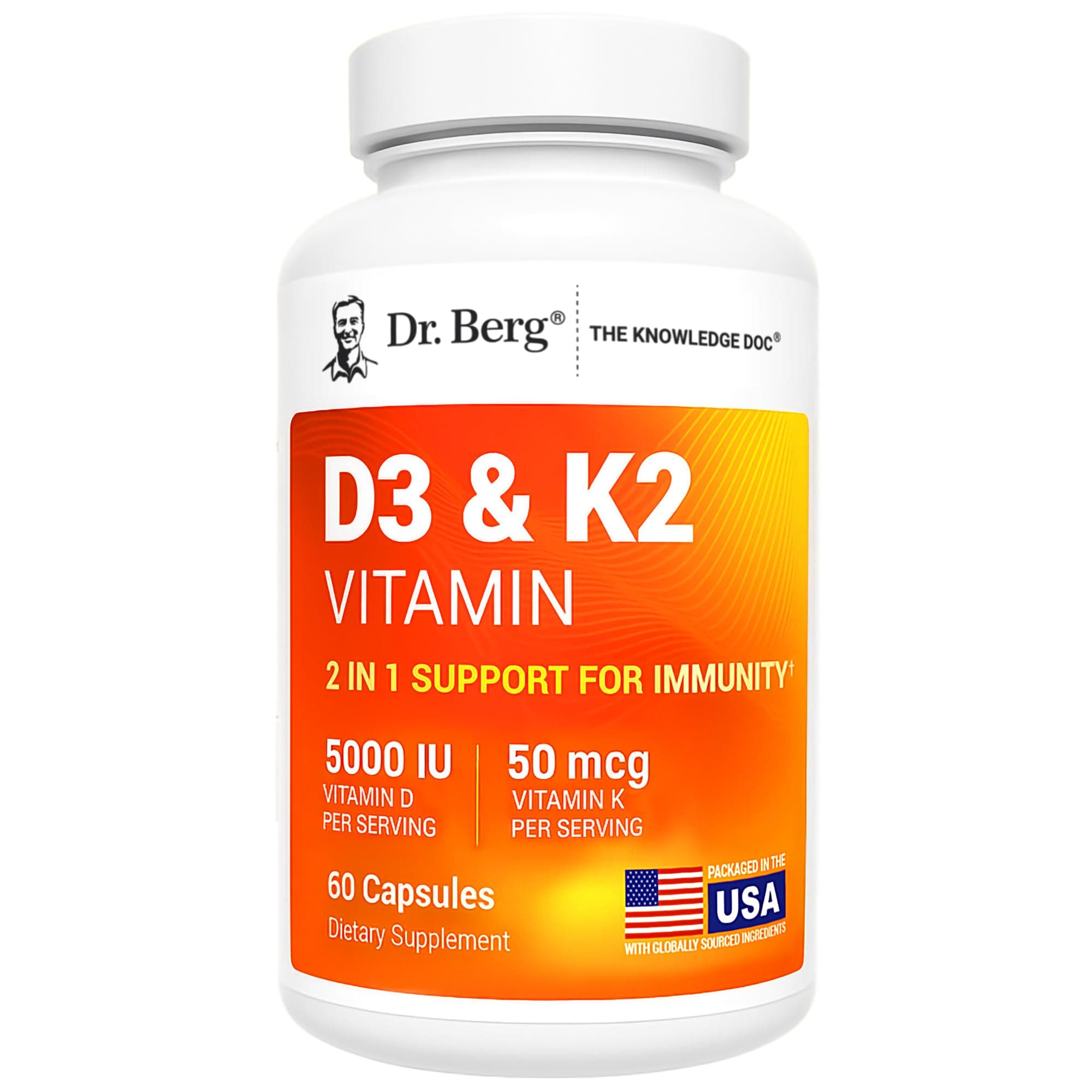 Dr. Berg Maximum Strength 7-in-1 Vitamin D3 K2 5000 IU | Naturally Derived D3 | 4X Lab-Tested & Verified | High Absorption Formula | K2 D3 Vitamin Supplement - 60 Capsules