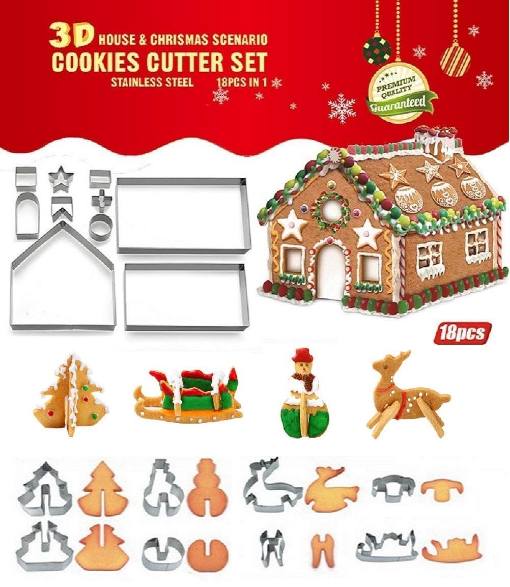 Joinor 18PCS/Set DIY Stainless Steel Christmas Series Cookie Cutter 3D Gingerbread house Biscuit Mold Fondant Cake Decorating Tools