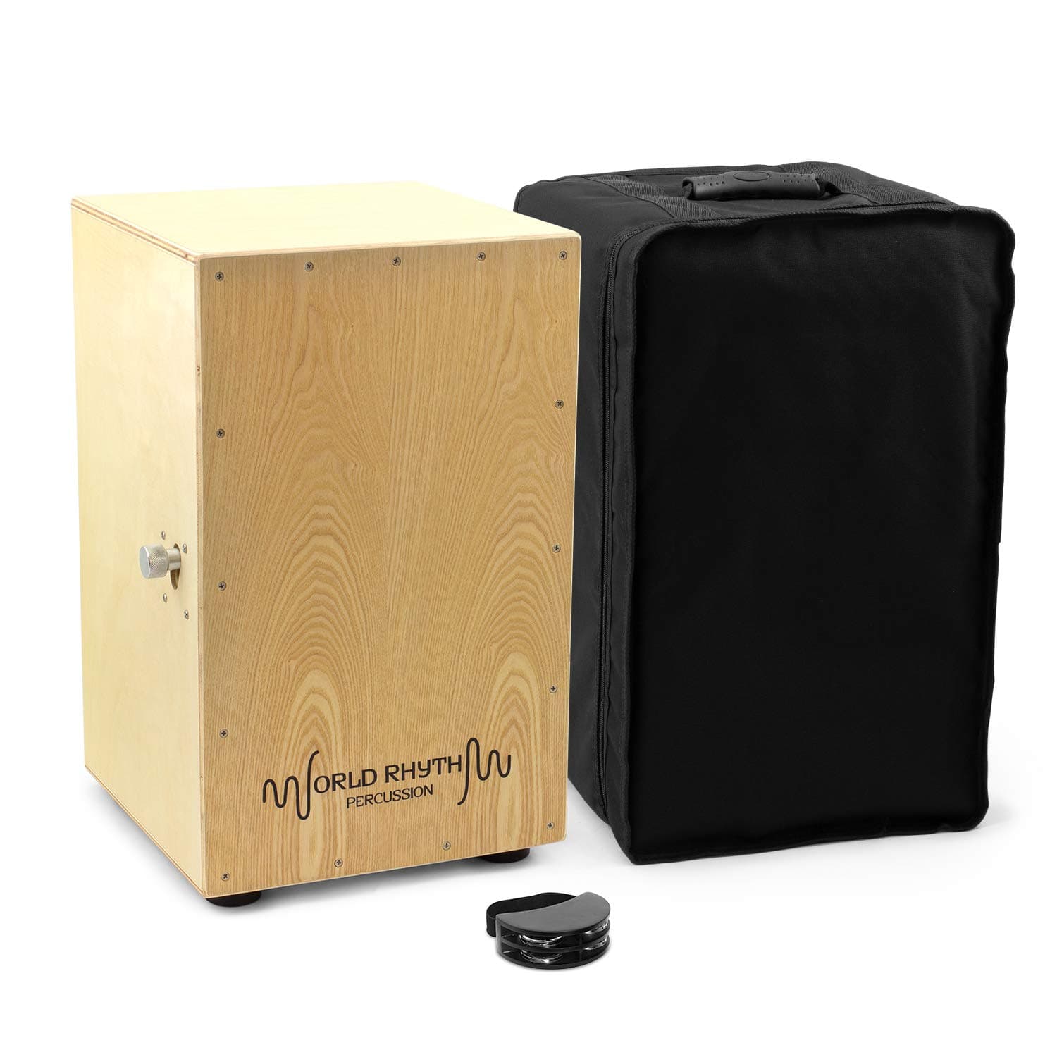 World Rhythm Natural Cajon Drum with Adjustable Snare & Foot Tambourine