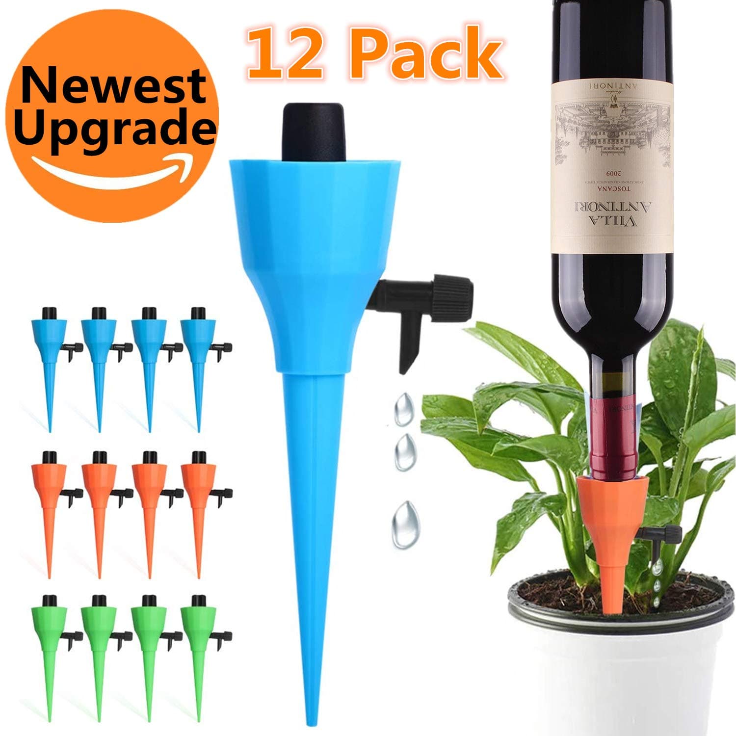12 PCS Plant Watering Spikes Self Watering Devices with Slow Release Control Valve Switch Automatic Drip Irrigation Stakes System for Most Bottles Wine Bottle 【Newest Upgrade】