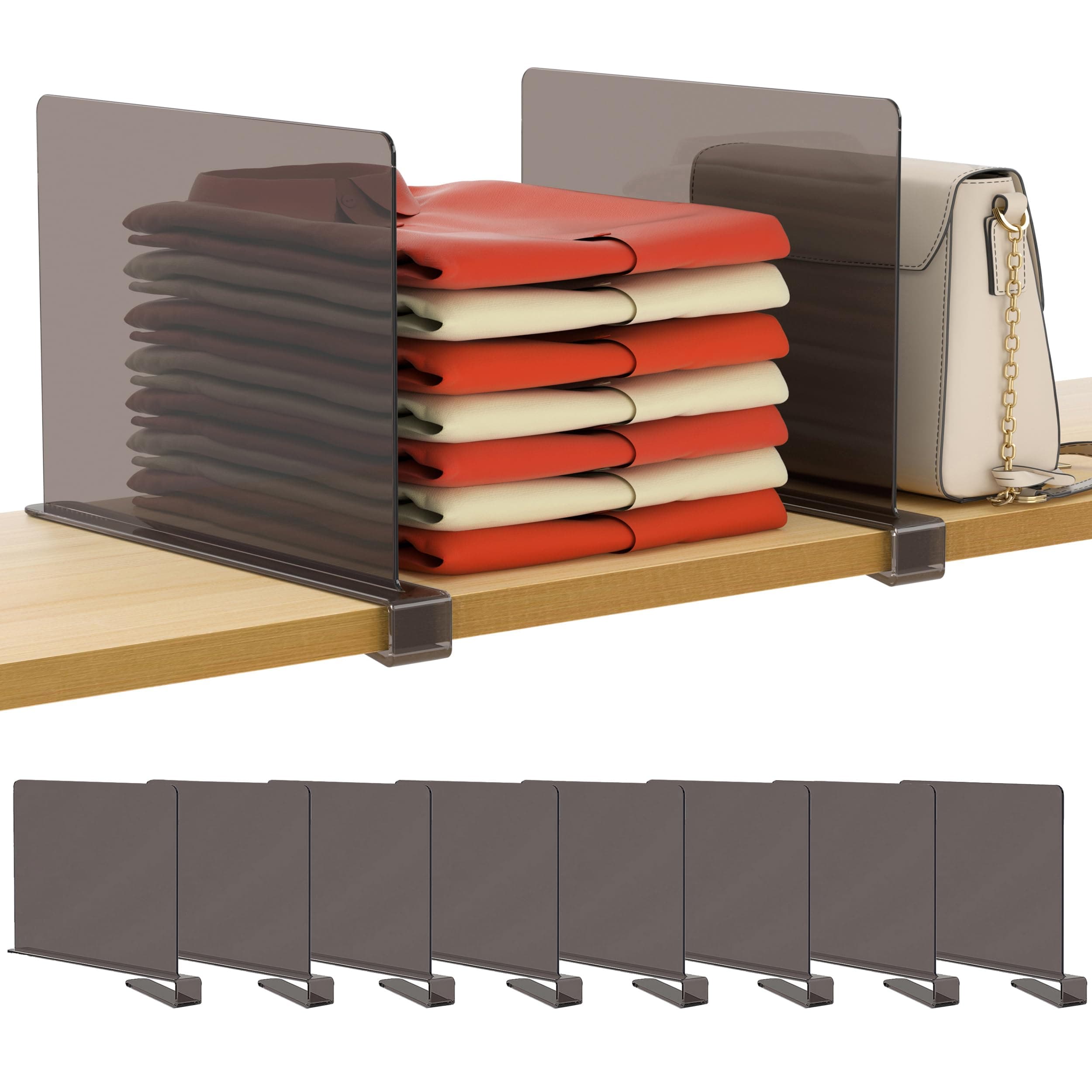 HBlife 8 Pack Grey Shelf Dividers, Vertical Purse Organizer for Closet Perfect for Sweater, Shirts, Handbags in Bedroom and Kitchen, Adjustable Acrylic Bookshelf for Organization