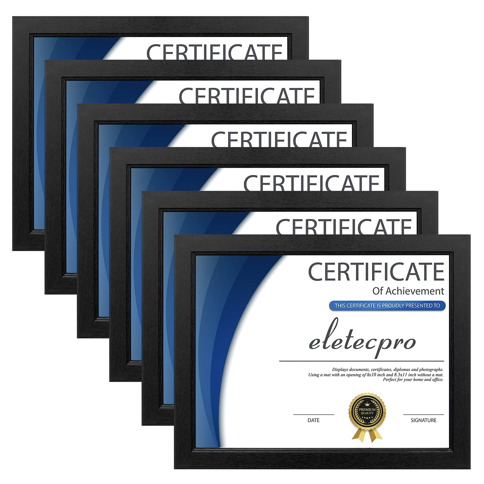 eletecpro8.5x11 Diploma Frame Set of 6, High Definition Glass - Display Pictures 6x8 with Mat and 8.5x11 without Mat for Tabletop or Wall Decor, Black
