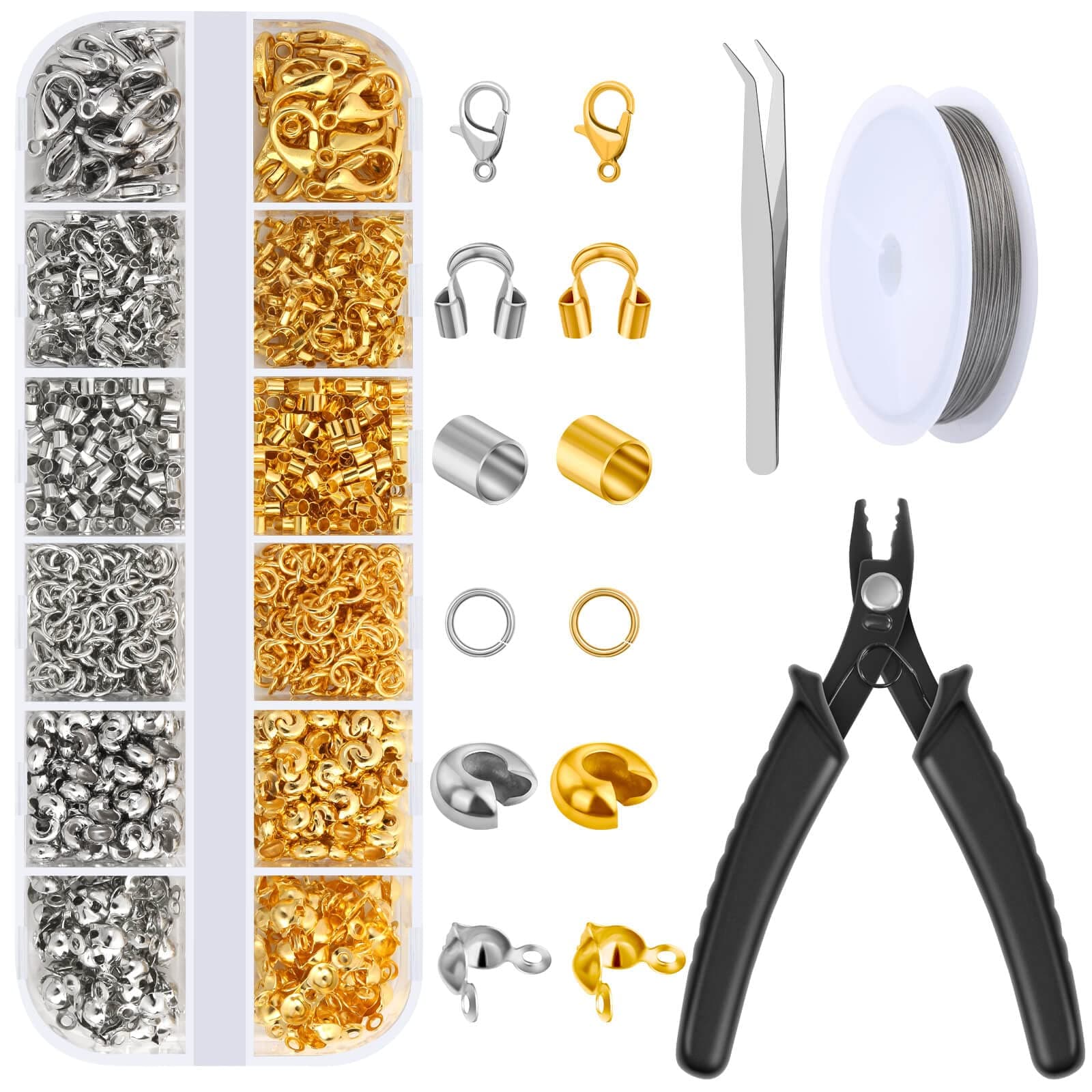 Acejoz 1200 Pcs Crimp Beads Kit for Jewelry Making, Crimp Beads, Crimp Covers, Crimp Tubes and Wire Guardians, Lobster Clasps, Jump Rings, Crimping Pliers and Beading Wire for Jewelry Making
