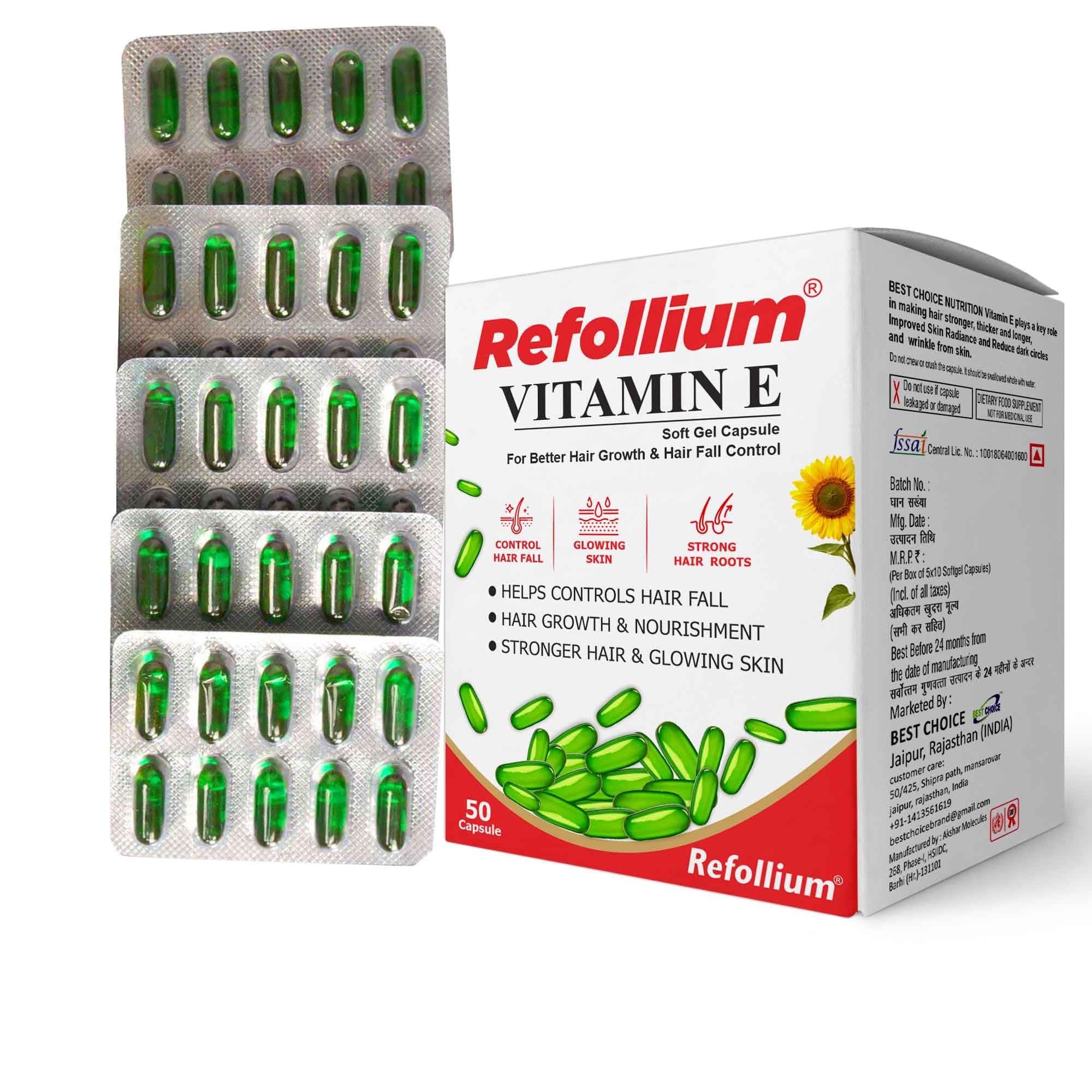 Vitamin E Capsule for Glowing Face, Skin and Hair Nutrition 50 Capsules, 100 grams
