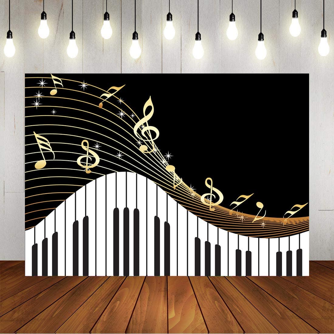Piano Theme Backdrop for Photography Golden Musical Notes and Piano Keyboard Background for Kids Birthday Party Art Studio Photo Banner Props 7x5ft