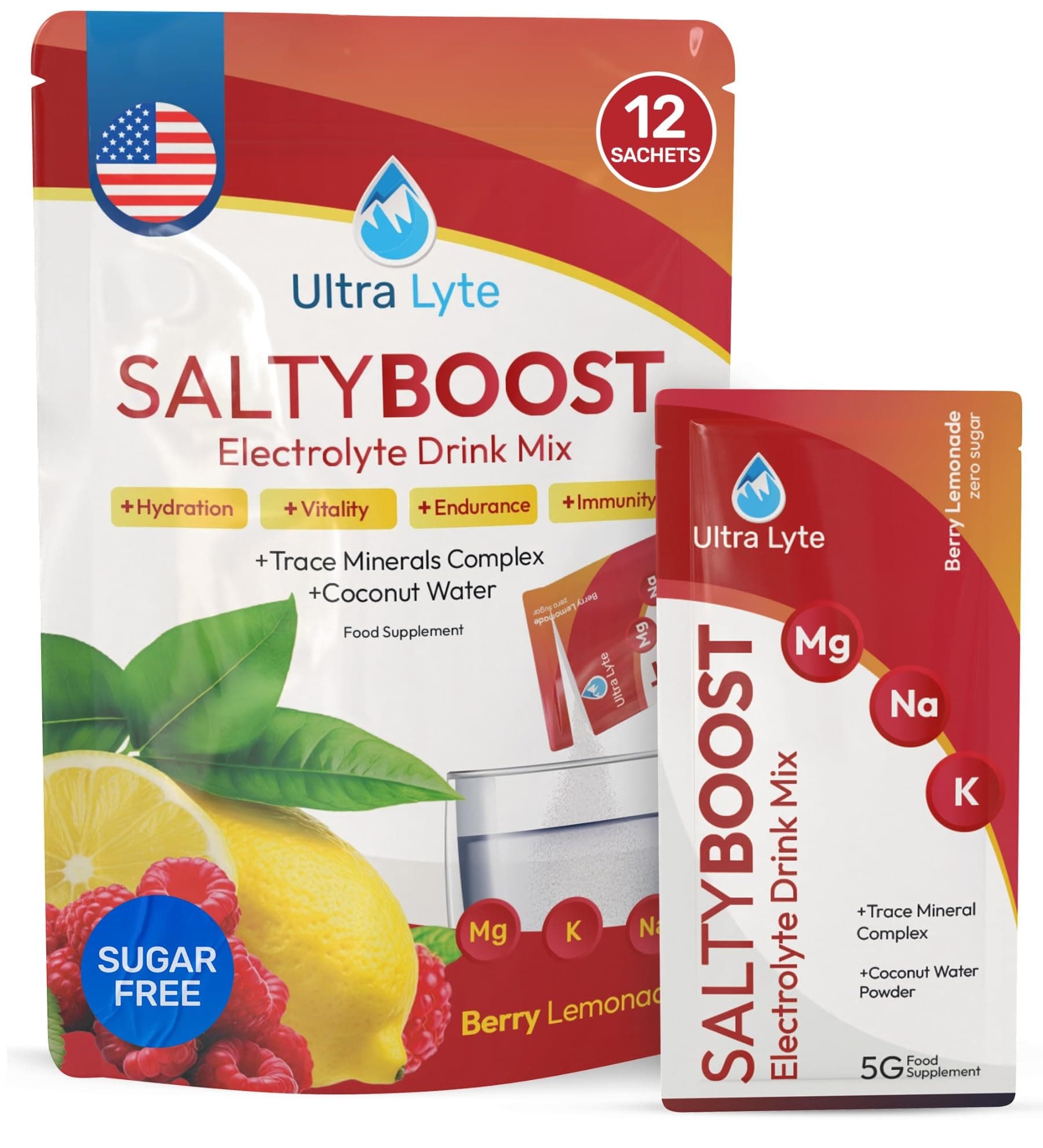 Ultra Lyte Electrolytes Drink Mix - Sugar-Free Salty Berry Lemonade Powder - 12 Sachets with High Sodium, Trace Minerals, and Coconut Water - Hydration for Workouts, Replenishment, and Wellness