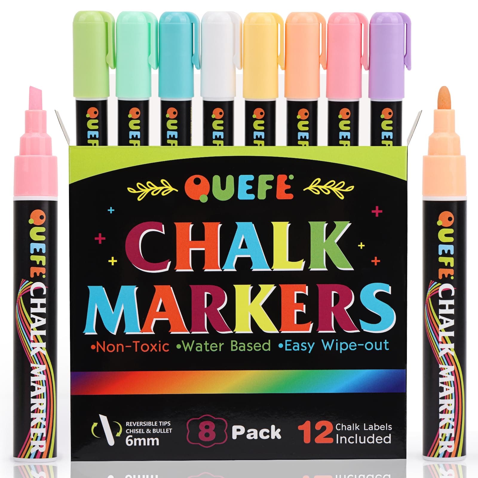 QUEFE Chalk Markers, 8pcs 6mm Liquid Chalk Markers Chalkboard Markers Dry Erase Marker Pens with Reversible Tips and Chalk Labels for Blackboard Glass Home Shops