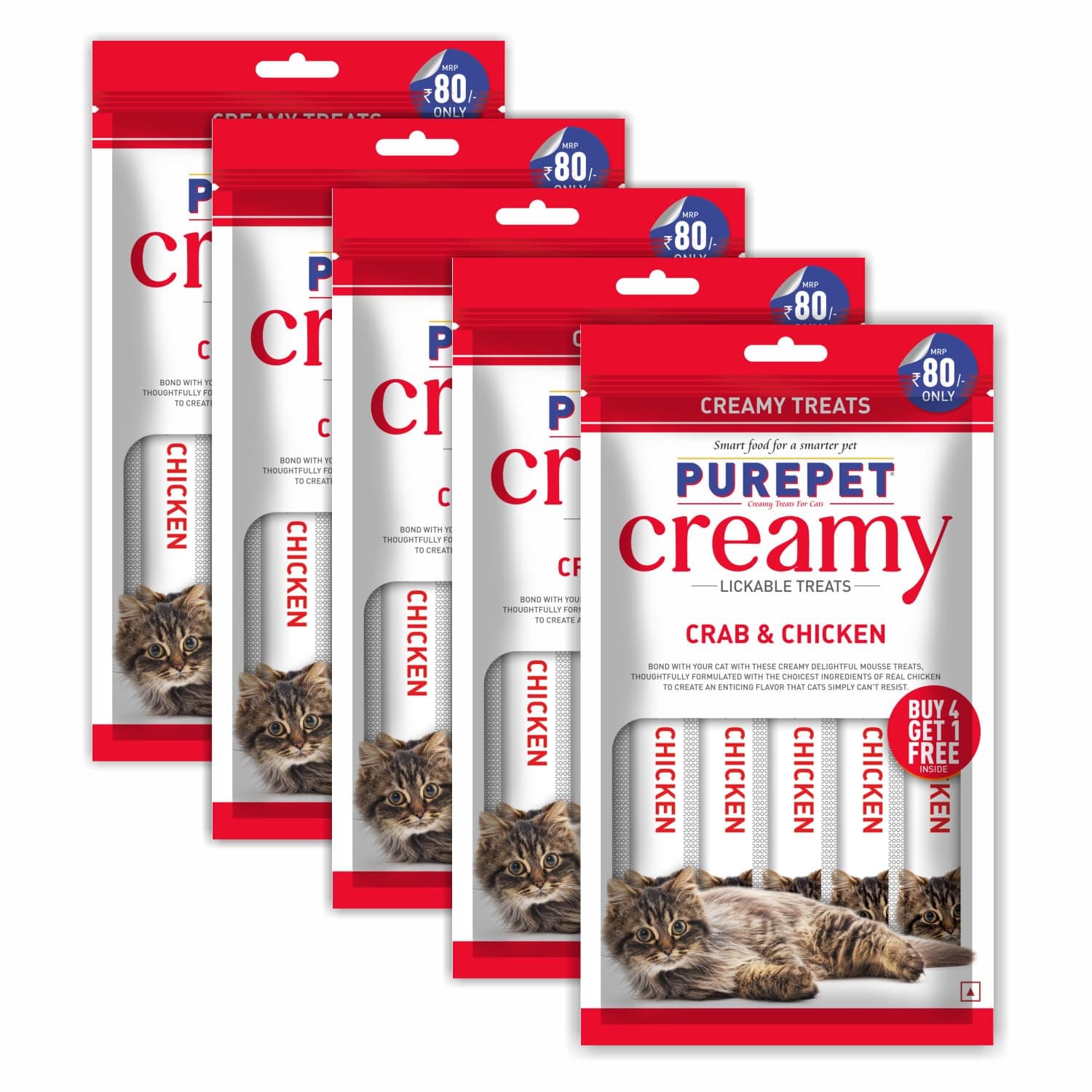 PUREPET Creamy Cat lickable Treats, Crab & Chicken, Pack of 5 X 75 g, Total 375 g, All Life Stages