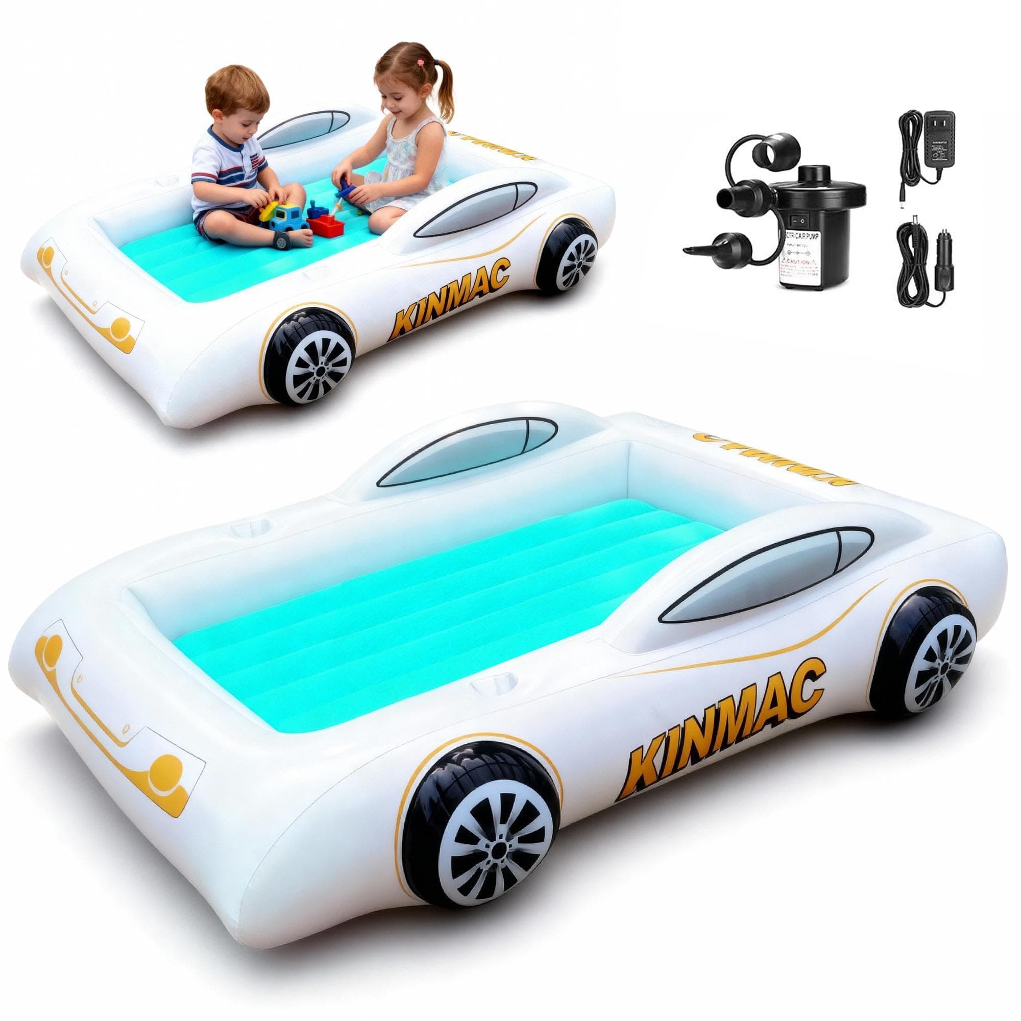 KINMAC Inflatable Toddler Bed - Portable Air Mattress With Sides for Kids Camping, Car Travel, Sleeping - Racecar Design (Green)