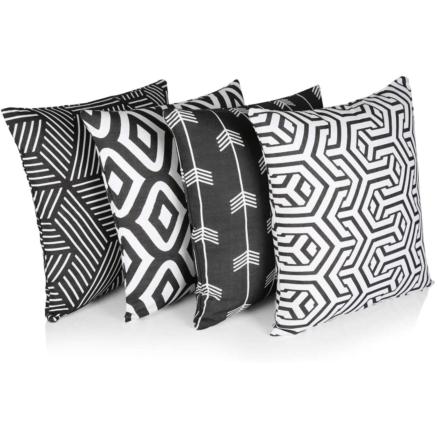Penguin Home Set of 4 100% Slub Cotton Fabric Cushion Covers 45cm x 45cm Double Sided Square Pillow Covers with Invisible Zipper Pillow Cases for Living Room, Bedroom, Sofa (Black/White Mix)