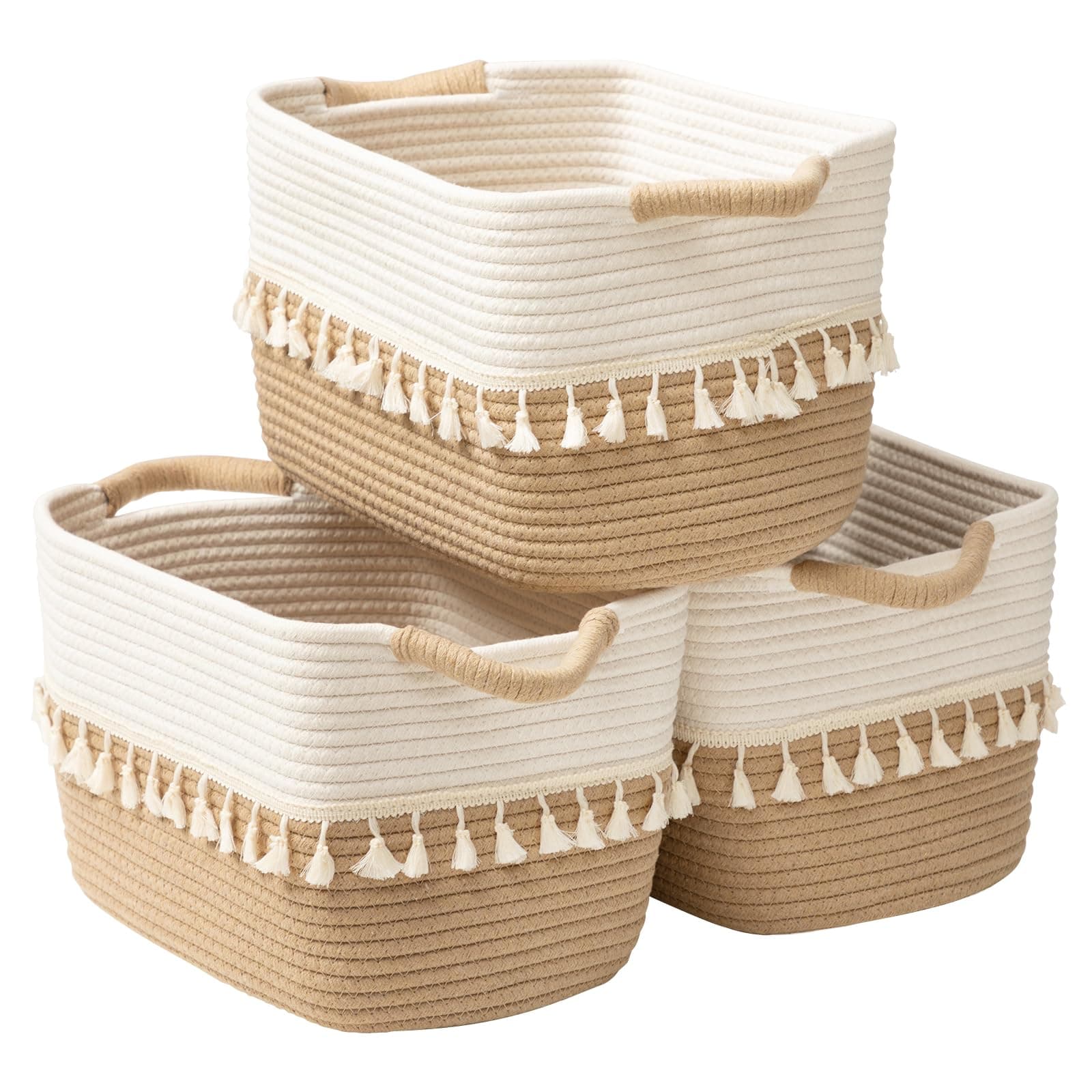 TeoKJ Woven Storage Bin Set of 3, Cotton Rope Basket for Storage, Clothes Boho Basket Bin for Organizing, Fabric Basket for Books, Plants, Pet Treats, White & Jute