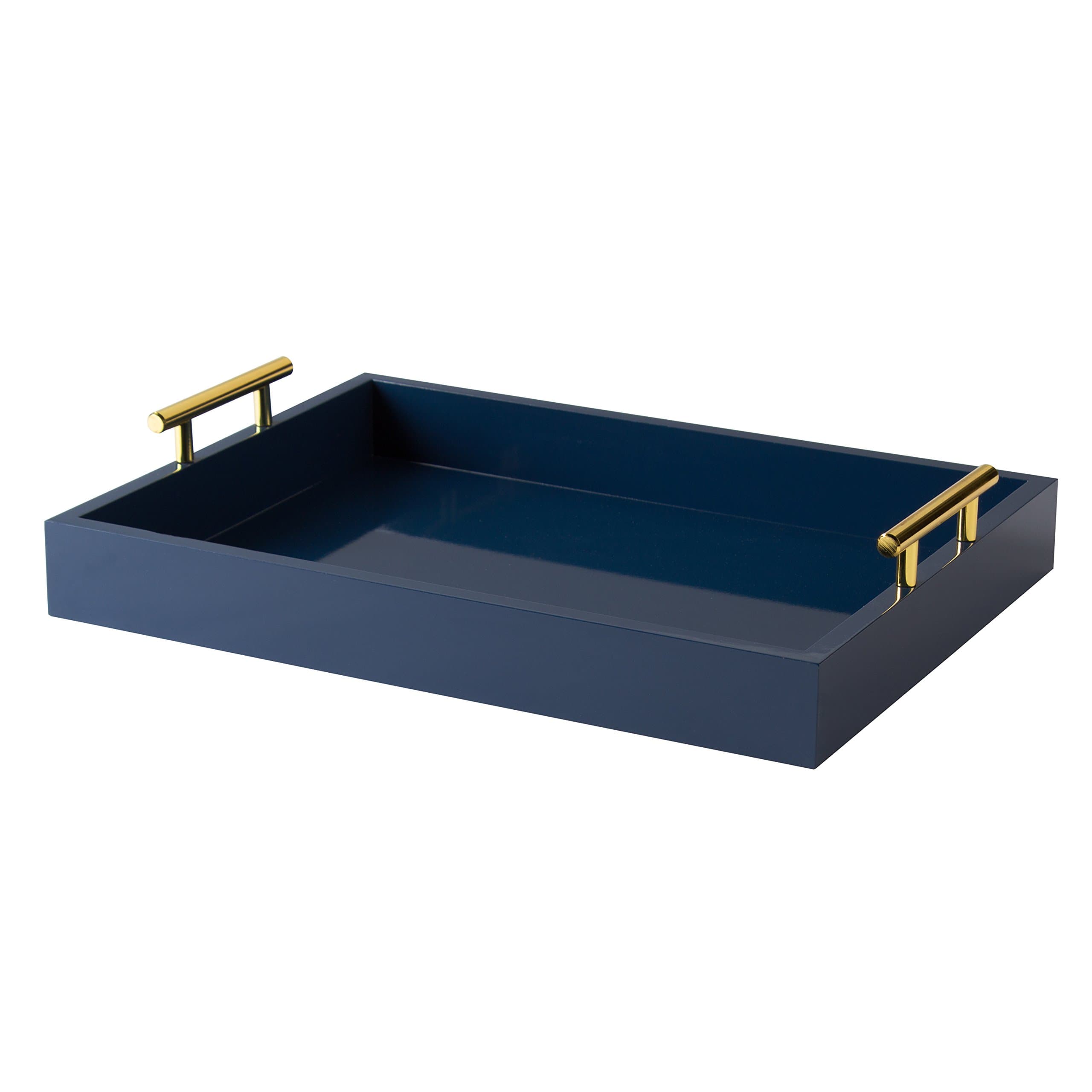 Kate and Laurel Lipton Decorative Tray with Polished Metal Handles (Navy Blue and Gold)