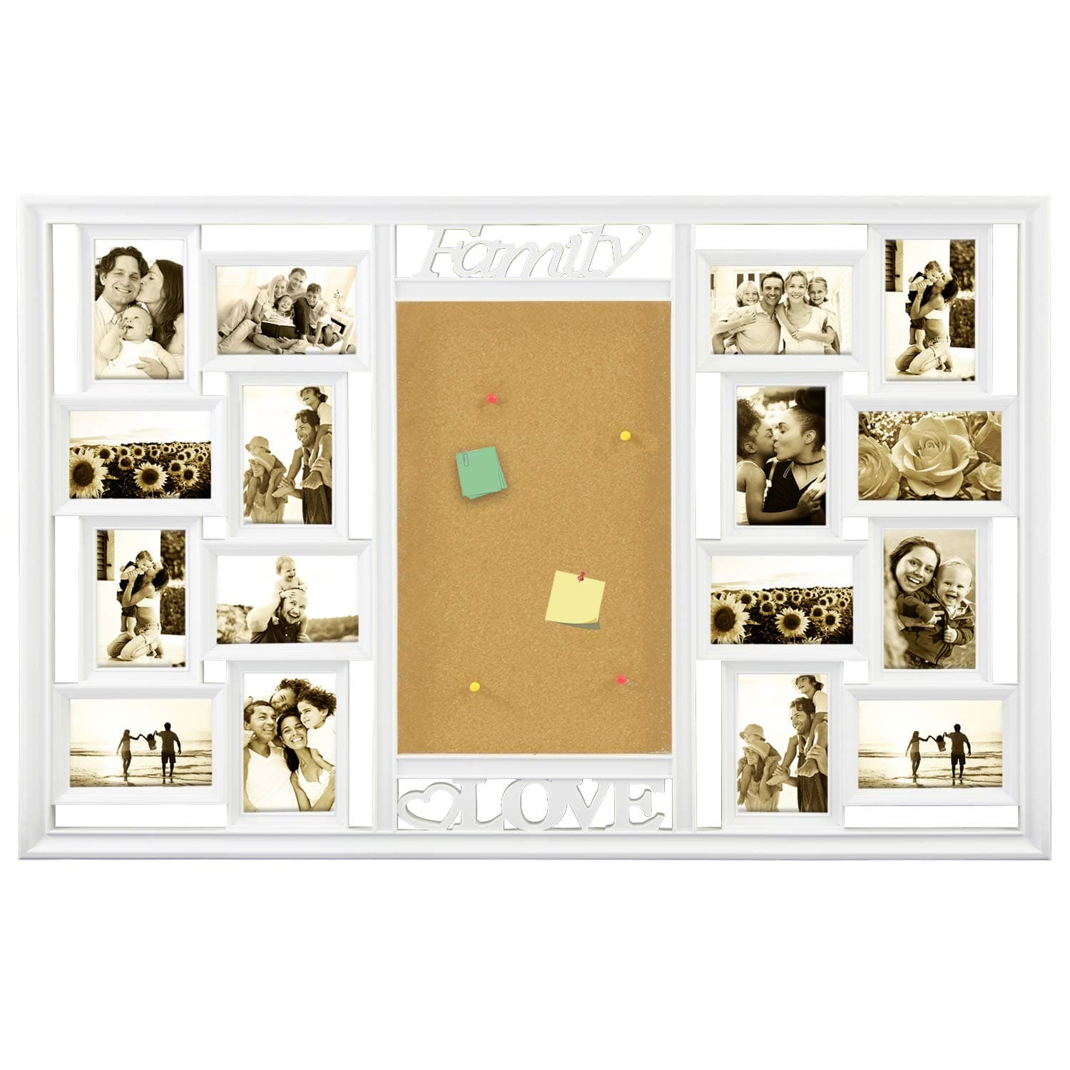Hello Laura - Photo Frame Memory Board Beige Picture Cork Board 4x6 Collage Distressed White Picture Frame - Display Three 4x6 Photos & Free Style Cork Board - Ready to Hang or Stand W Built in Easel