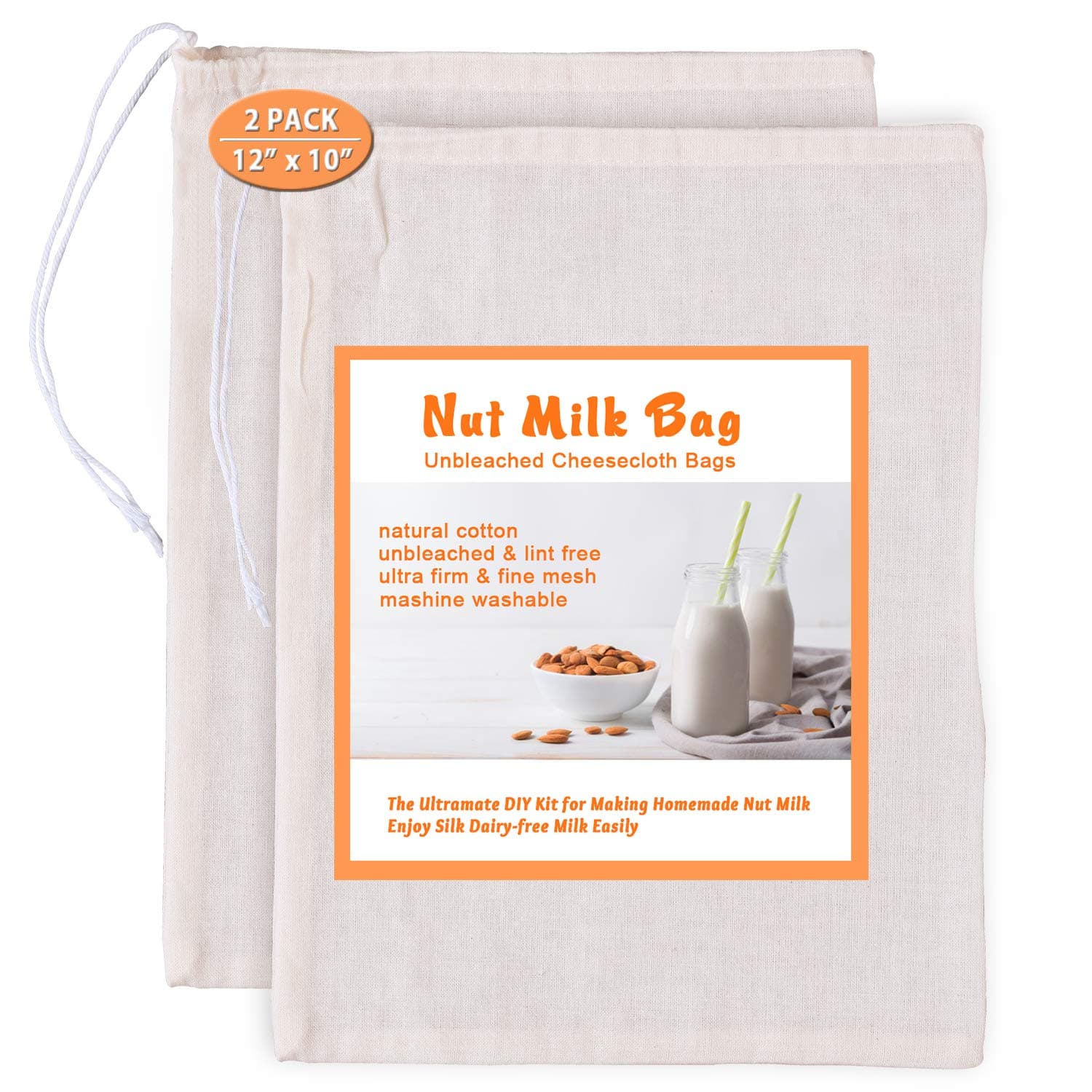 Nut Milk Bags for Straining Almond Milk, Yogurt, Juice -2 Pack Medium 12"x10" Juyomox Premium Natural Cotton Cheesecloth Bags - Reusable Fine Mesh Cloth Strainer with Easy open Drawstring
