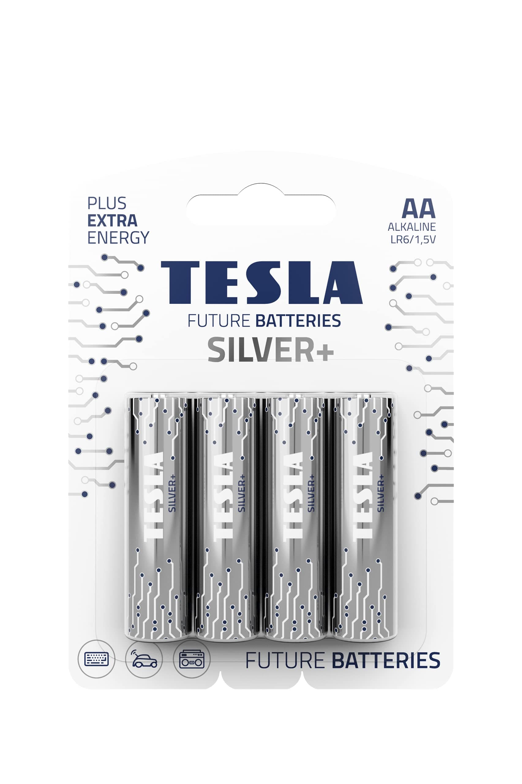 Tesla Battery Silver+ Alkaline - Plus Extra Energy Batteries Blister Foil (AA, Pack of 4)