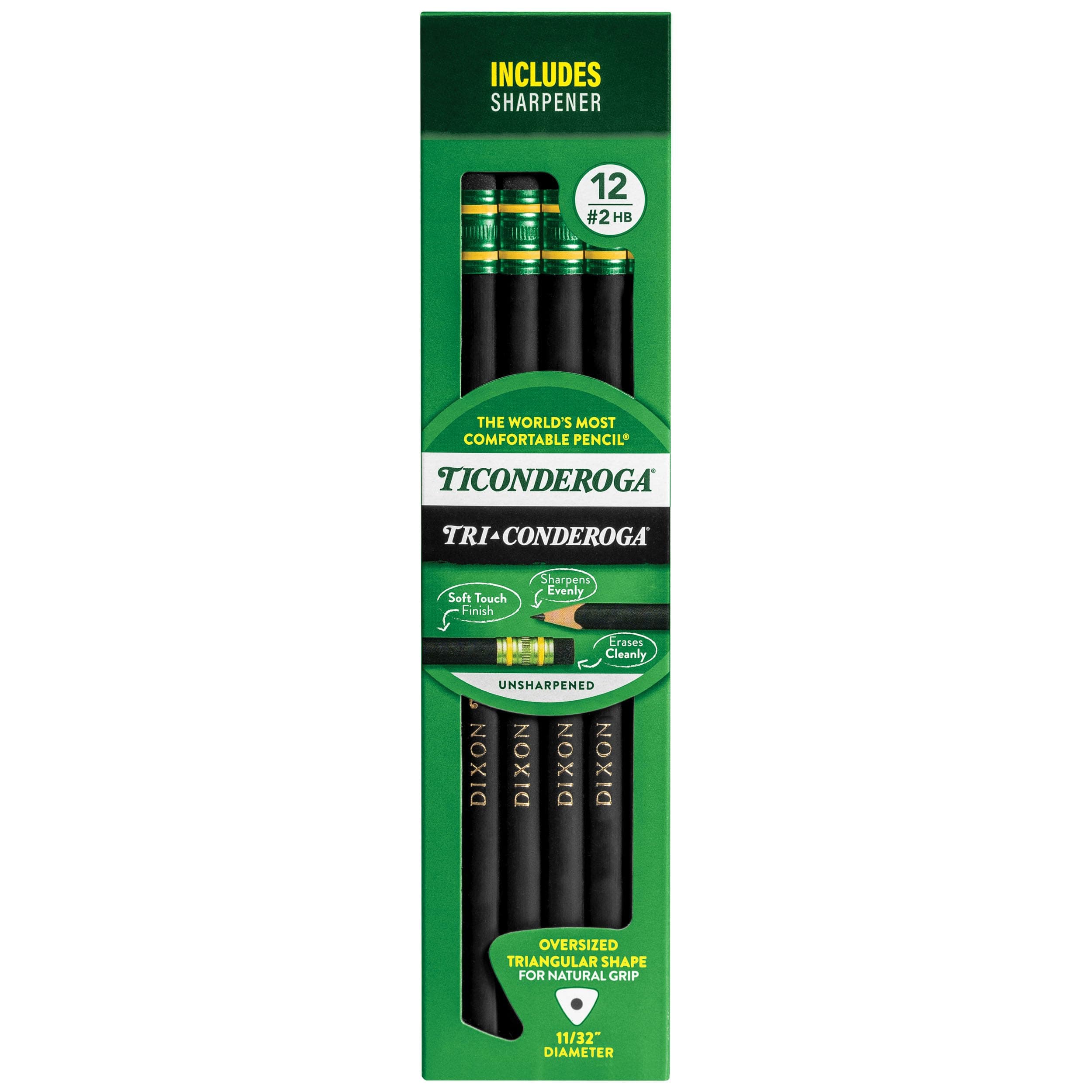 Ticonderoga Tri-Conderoga Triangular Pencils, Wood-Cased #2, Sharpener, Soft Touch Comfort Barrel, Black, 12-Pack (22500)