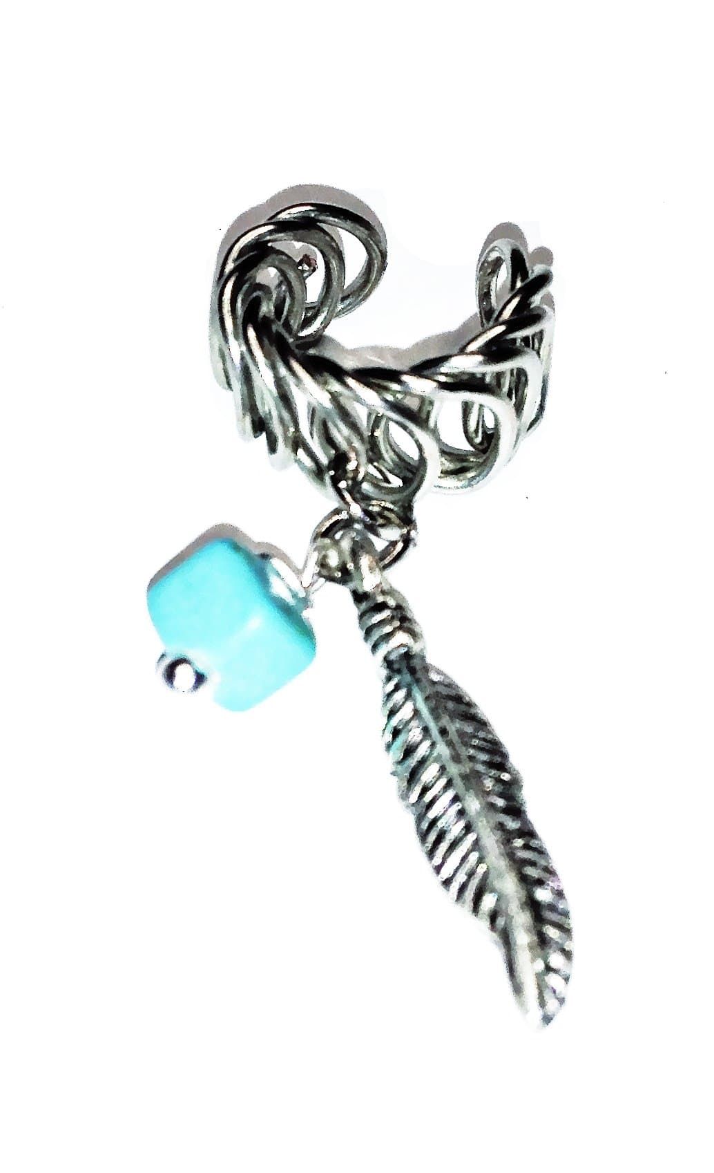 Tribal Handcrafted Ear Cuff with Silver Feather and Stone Charm-earlum Non Pierced