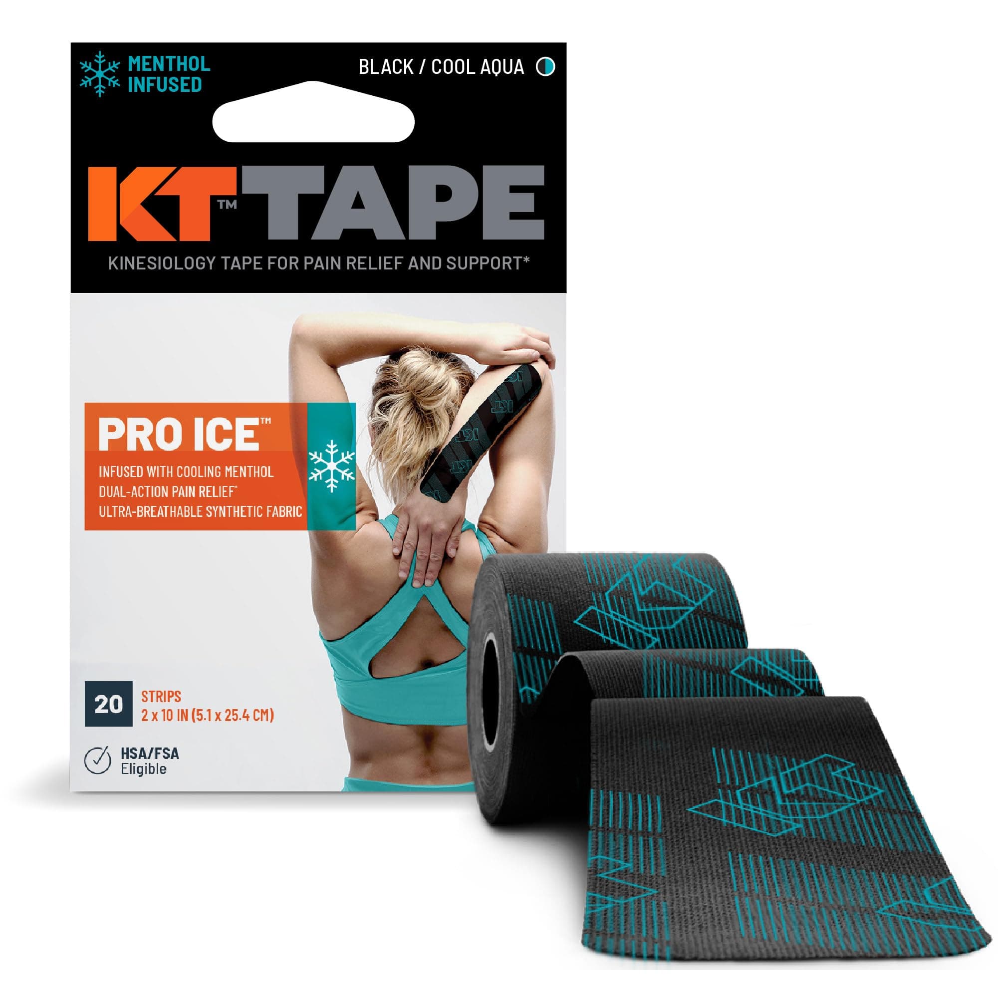 Pro Ice, Menthol Infused Kinesiology Tape, 20 Count, 10" Precut Strips, Black