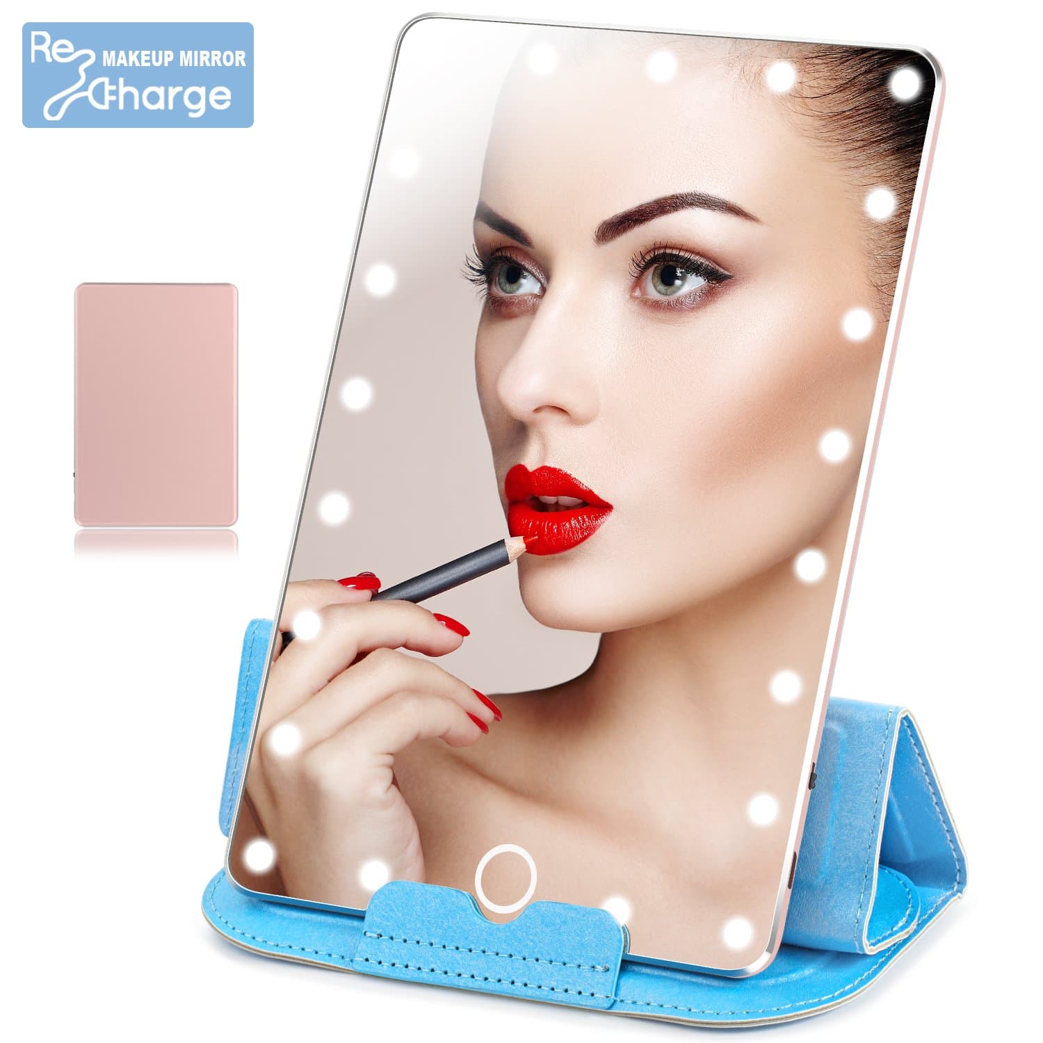 LoiZau Lighted Makeup Mirror, Rechargeable 21 LEDs Dimmable 7.9 Inch Portable Vanity Makeup Mirror with Lights for Travel USB Charging(Rose Gold)