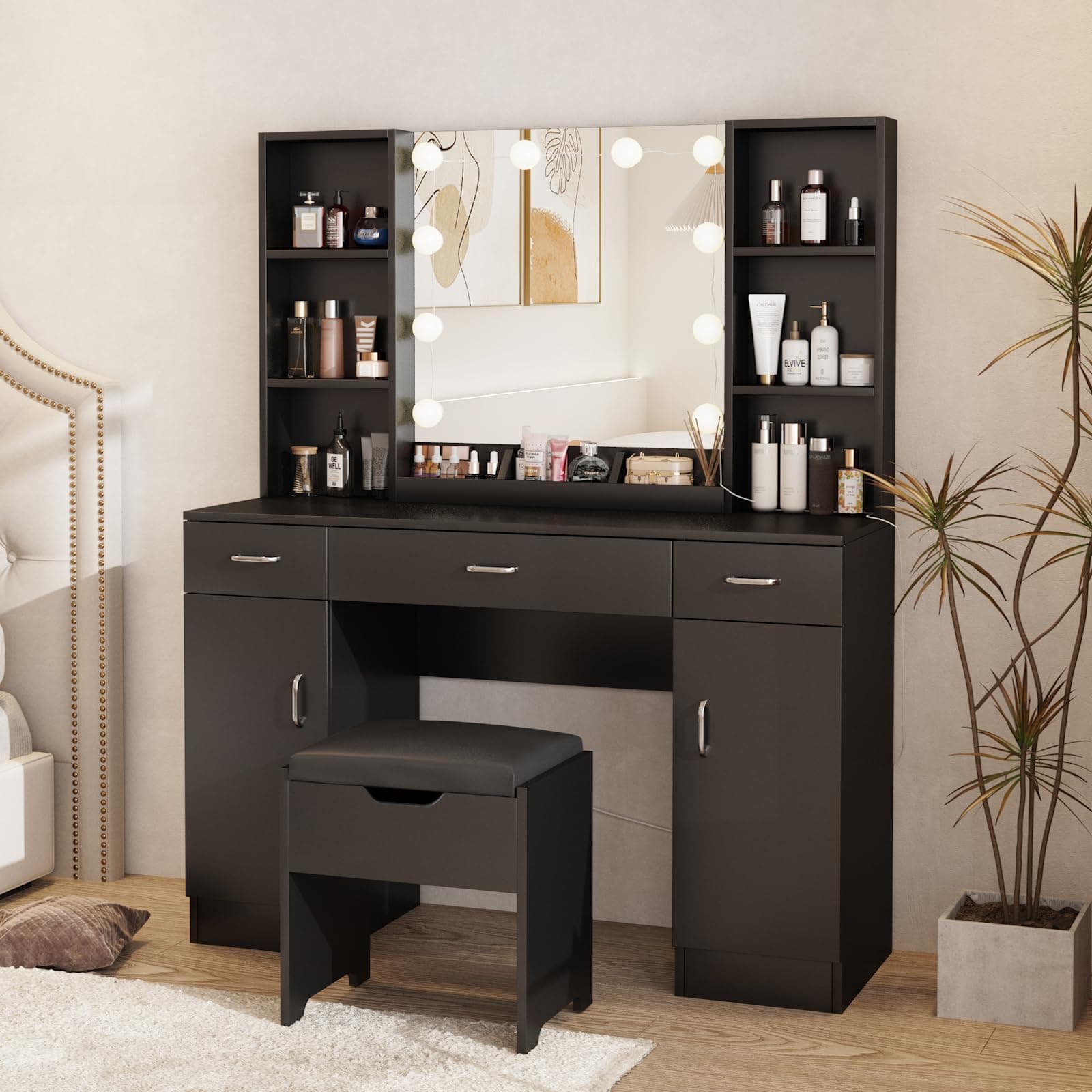 Vabches Makeup Vanity Desk with Lighted Mirror, 3 Lighting Colors, Large Black Vanity Table Set with Storage Stool, 3 Drawers, 2 Cabinets and Multiple Shelves 45.2in(W)