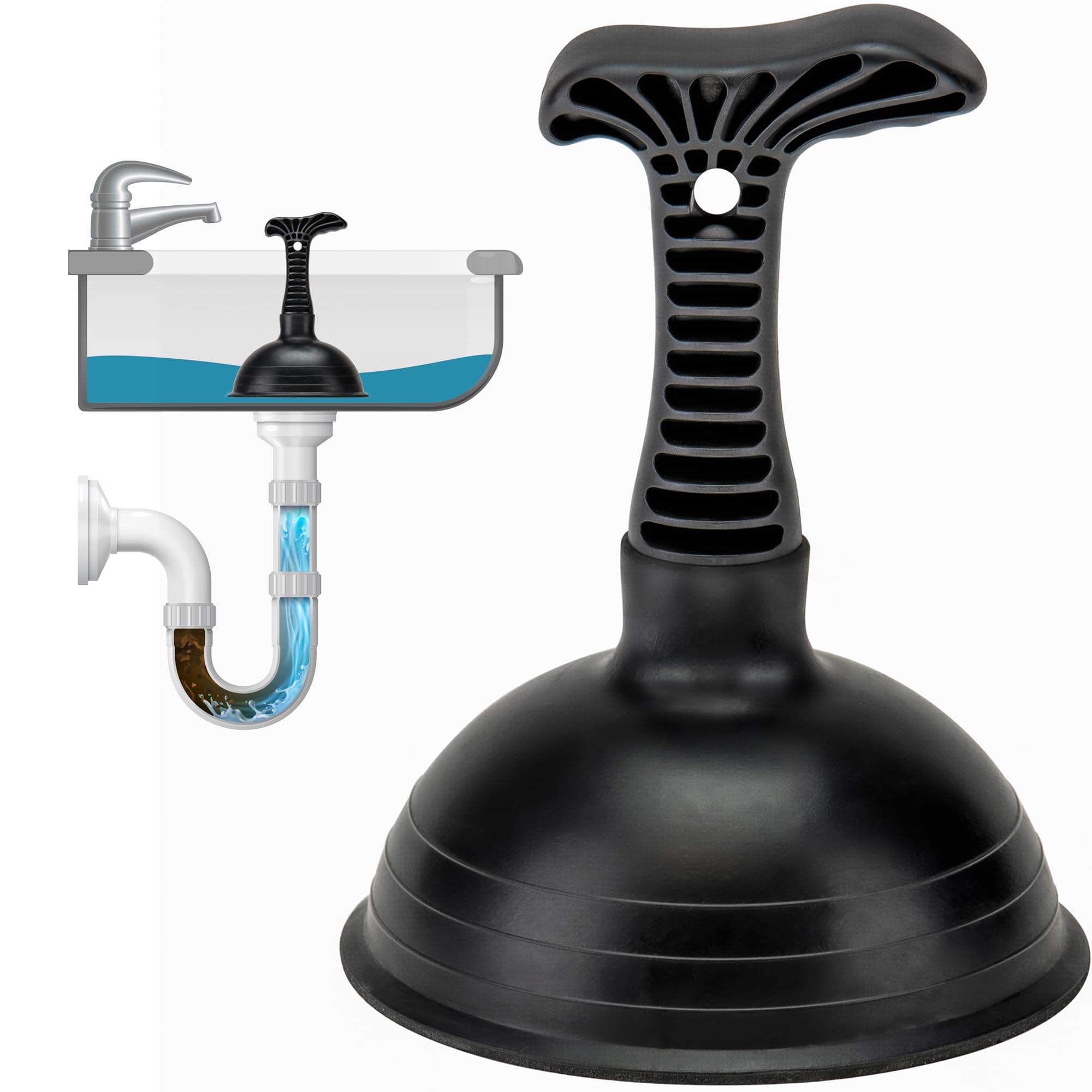 SteadMax XTS-55-PRO Sink Plunger, Commercial Grade, Powerful 5" Large Rubber Cup for Clogged Kitchen, Sink, Shower, and Bathroom Drains (1 Pack)