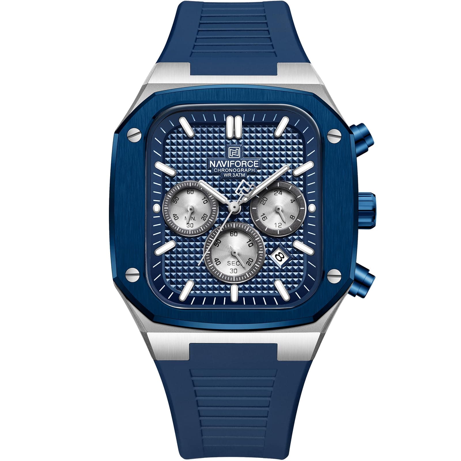 NAVIFORCE Men's Square Watch Chronograph Analog Calendar Wrist Watch Quartz Waterproof Mens Silicone Band, silver blue, Modern