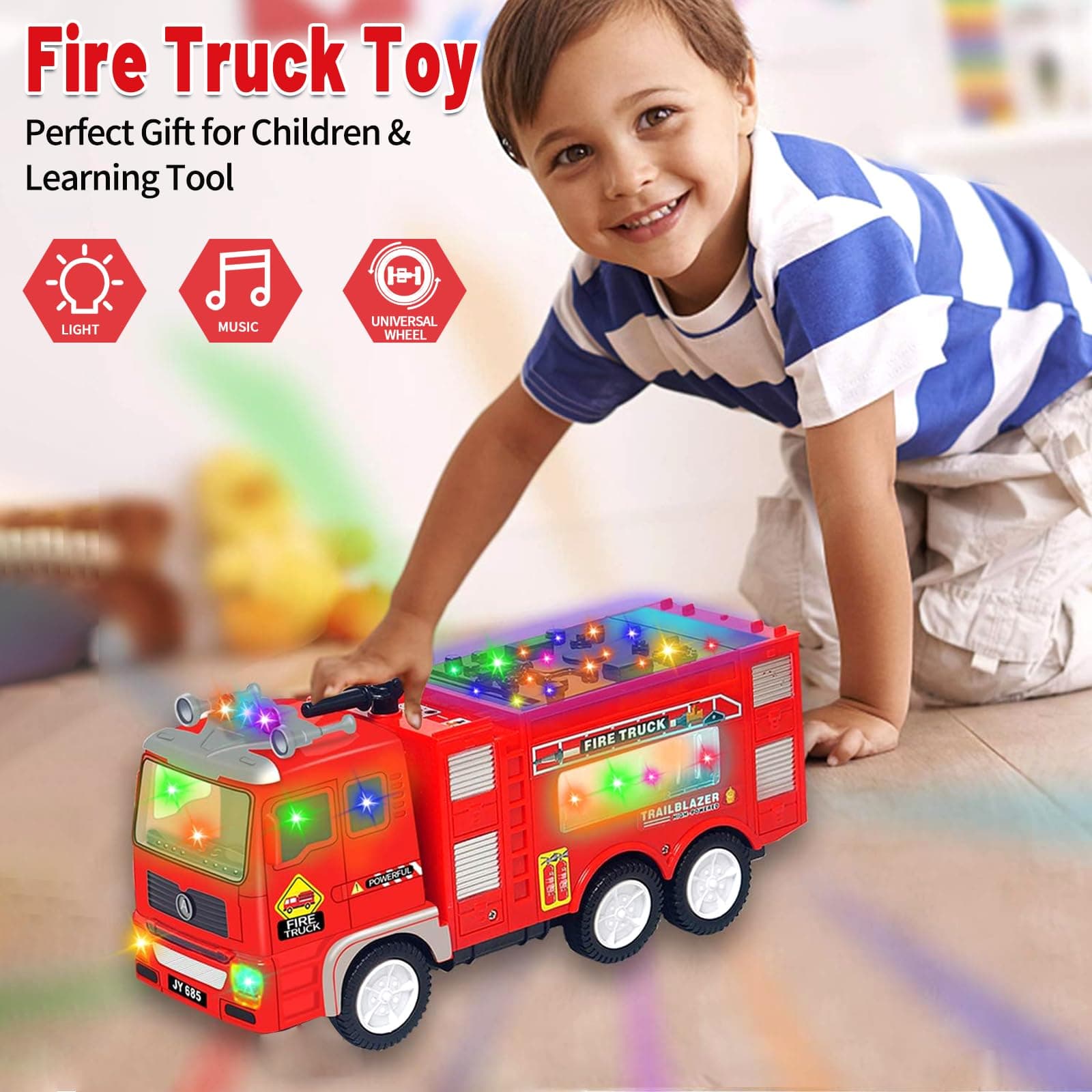 Large Fire Trucks for Toddlers 3-5, Toy Trucks for Toddlers Boys 3 4 5 Birthday Gifts, Kids' Play Truck with 4D Lights & Real Firetruck Siren Sound - Automatic Bump Go Technology
