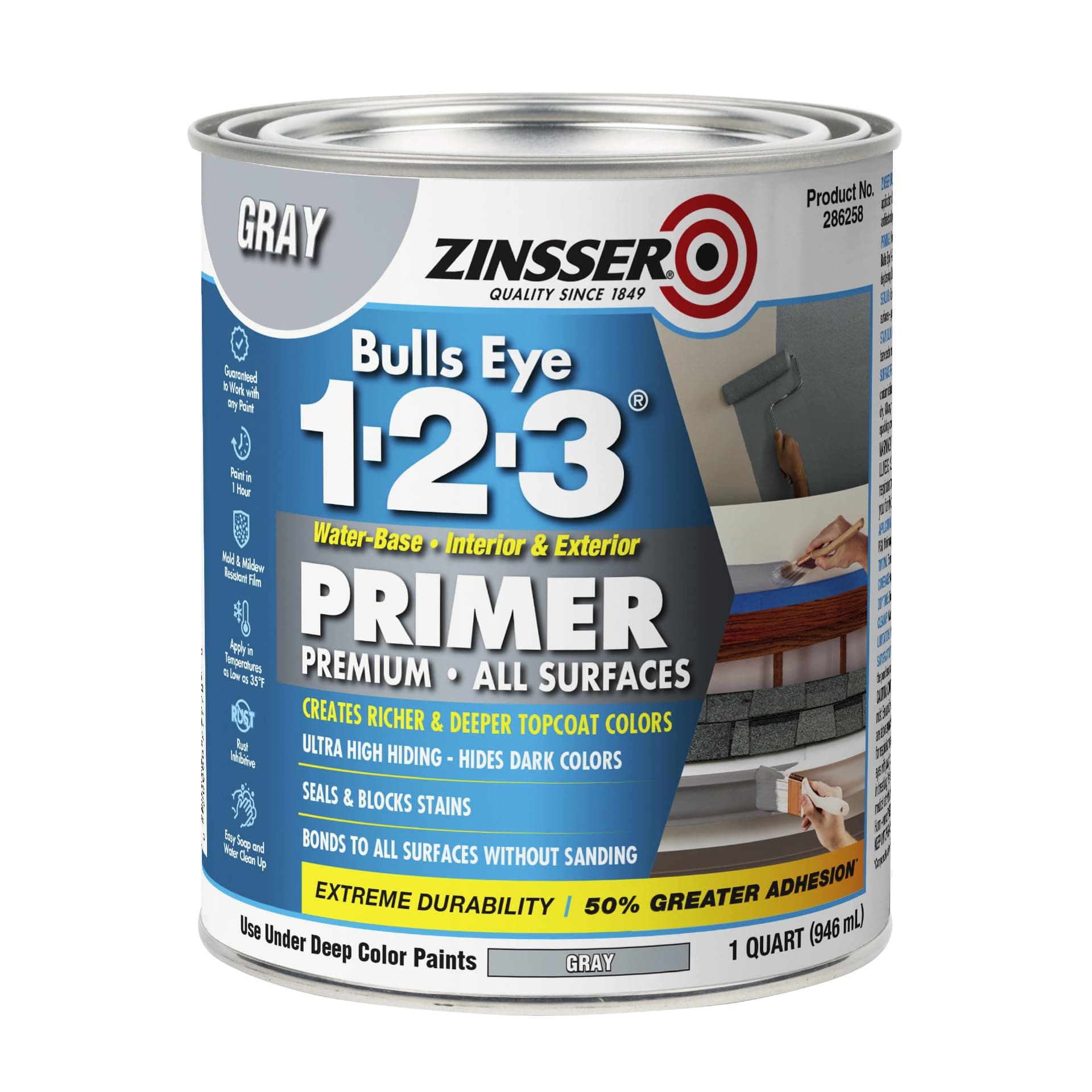 286258 Bulls Eye 1-2-3 All Surface Primer, Quart, Gray