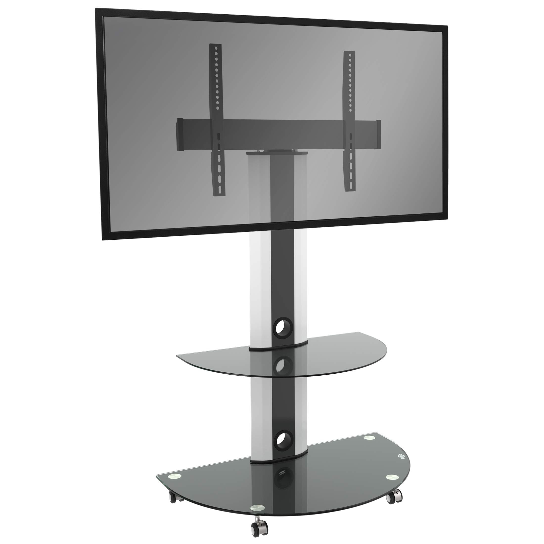 RICOO TV Stand on Wheels Swivel 30-65 Inch Display FS0502 Universal VESA 300x200-600x400 White Black Glass also for Curved LCD LED Television
