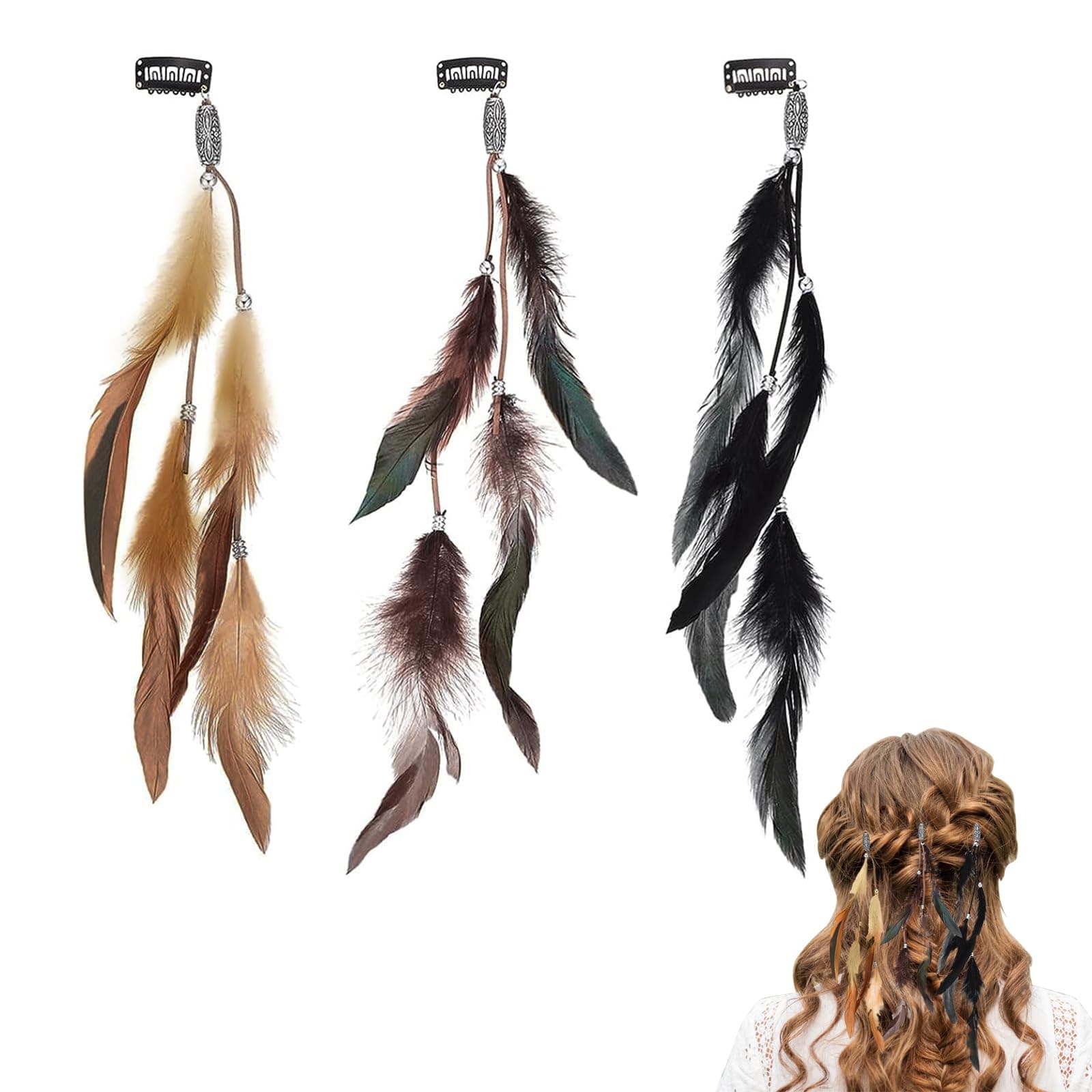 3Pcs Feather Hair Clips, Handmade Boho Hair Extensions with Clip Comb, Bohemian Hippie Hairpin Feather Indian Tassel Hemp Rope Festival Headwear Cosplay Headdress Accessories (Multicolor #01)