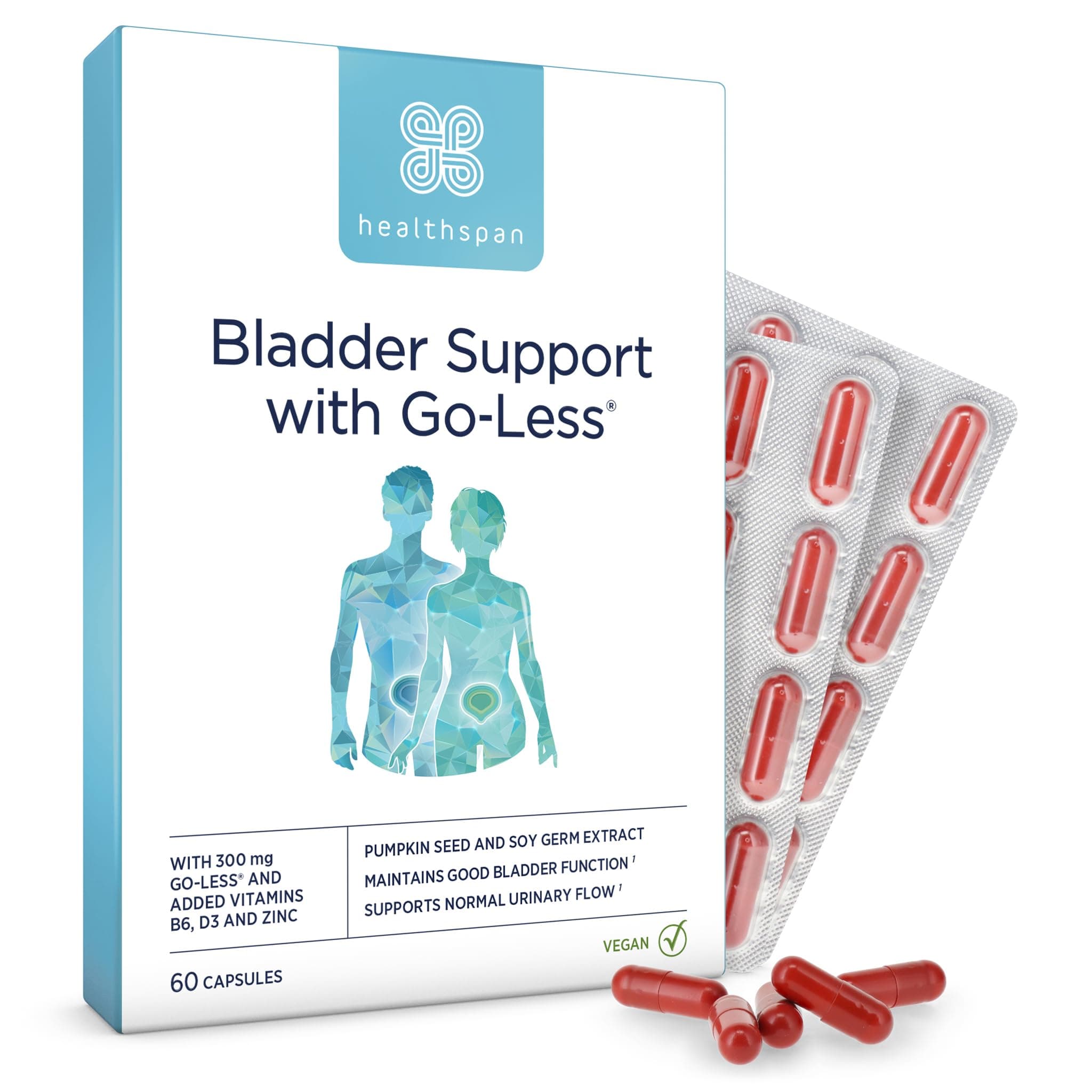Bladder Support with Go-Less® | Supports Good Bladder Health & Urinary Flow | 300 mg Go-Less® | Pumpkin Seed Extract & Soy Germ Extracts | Added Vitamin B6, D3 & Zinc | Vegan (60 Capsules)