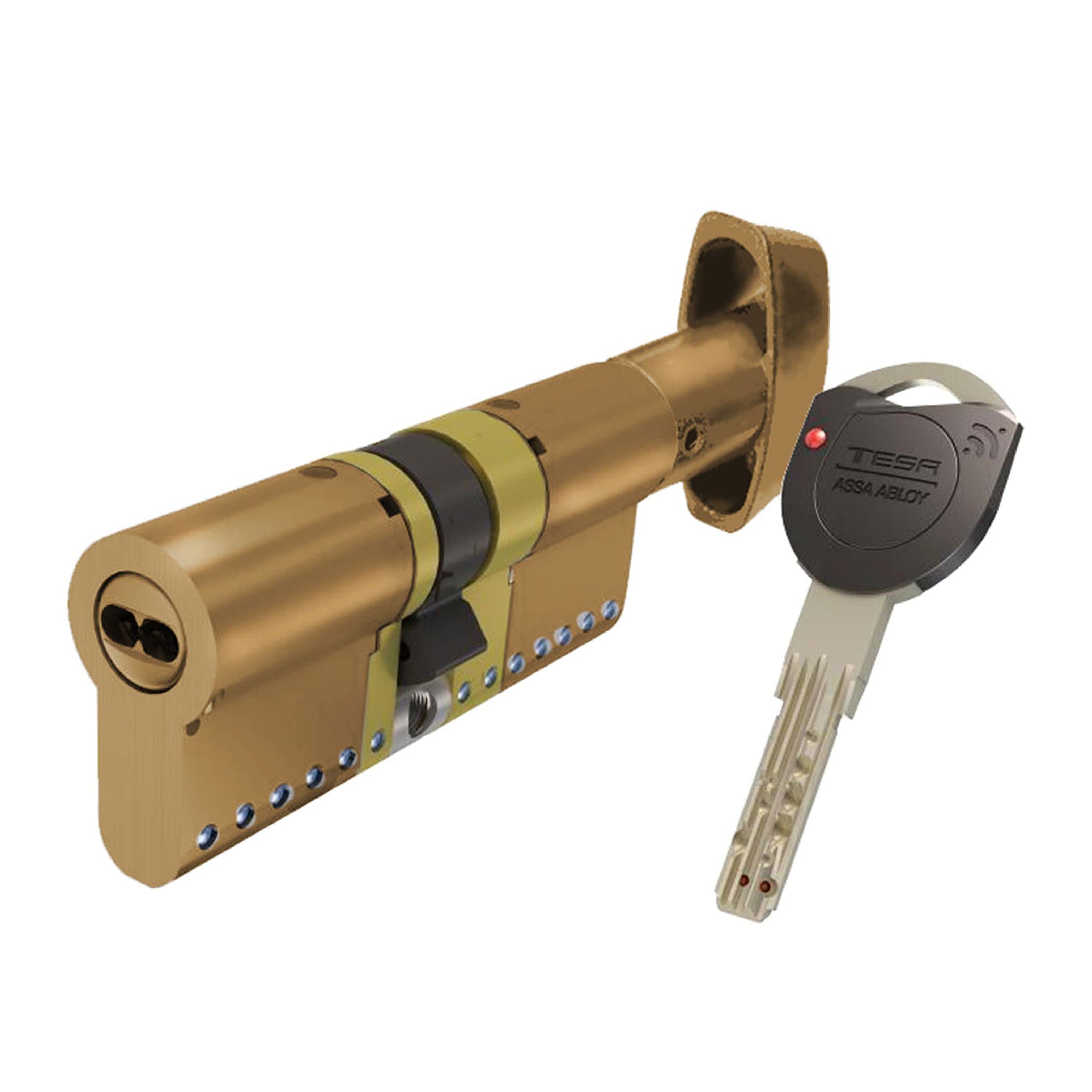 TK1B3030L, High Security Cylinder, TK100, Double Clutch, Long Cam, Key - Button, Brass, 30 x 30 mm