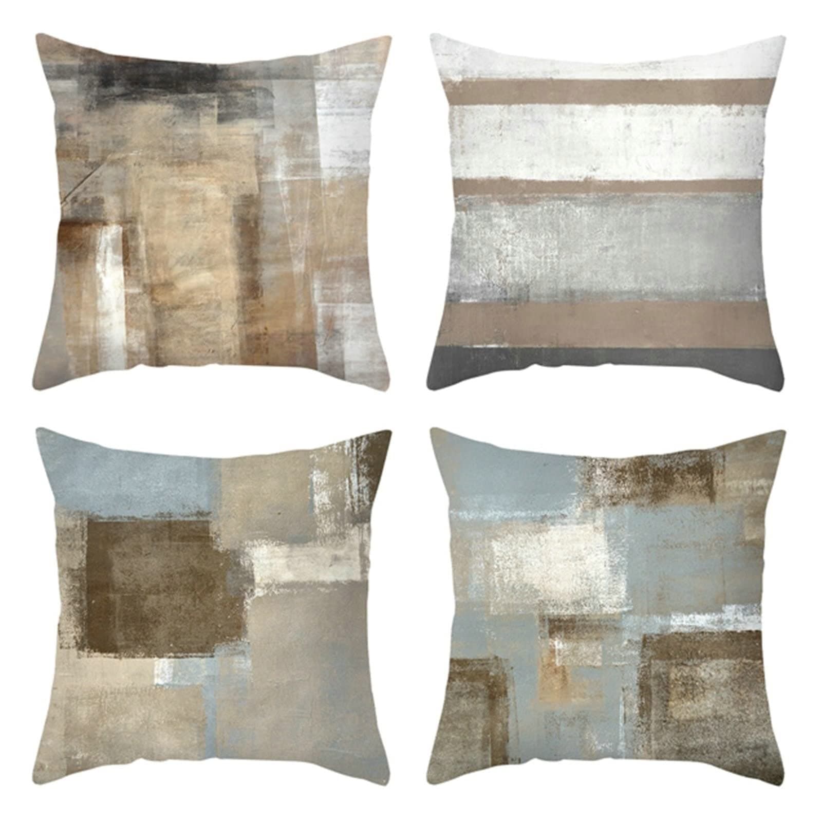 Daesar4 Pack Brown Grey White Stripe Grid Pattern Polyester Cushion Cover for Kids 40x40cm