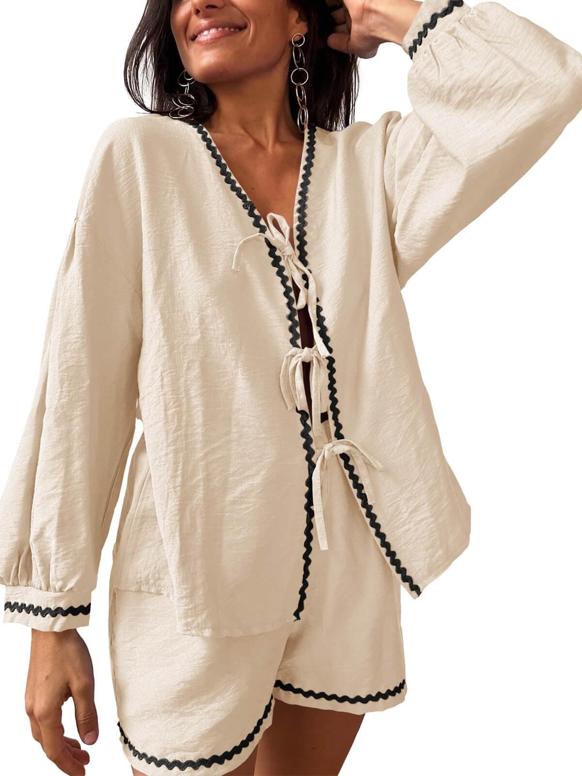 Tankaneo Womens 2 Piece Pajama Lounge Linen Set Tie Front Long Sleeve Shirt Shorts Sets Vacation Travel Outfits