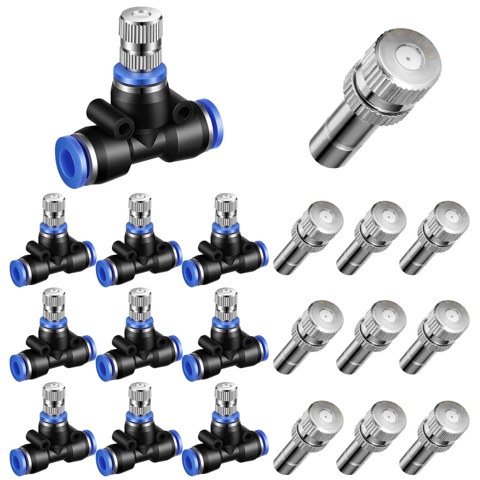 Gisafai 20 Pcs Misting Nozzles Include 1/4" Water Misting Nozzle Tees, 6mm Brass Nozzles 1/4" Connect Fitting Air Hose Sprayer for Outdoor Spray Cooling System(Two Section)