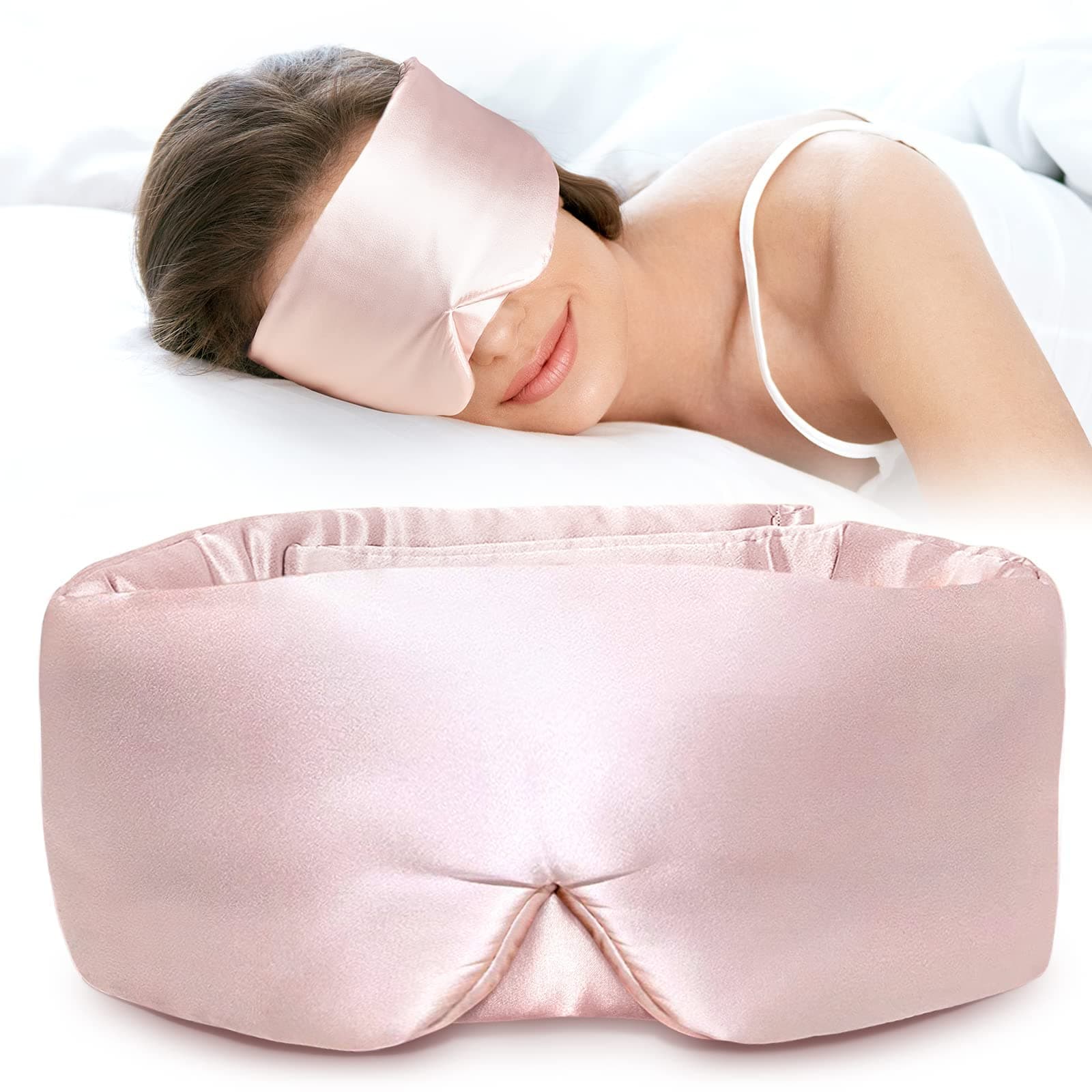 Silk Sleep Mask for Side Sleeper, Eye Mask Sleeping for Women Men 100% 22 Momme Pure Mulberry Silk, Face-Hugging Padded Eye Cover for Sleeping with Adjustable Band (Pink)