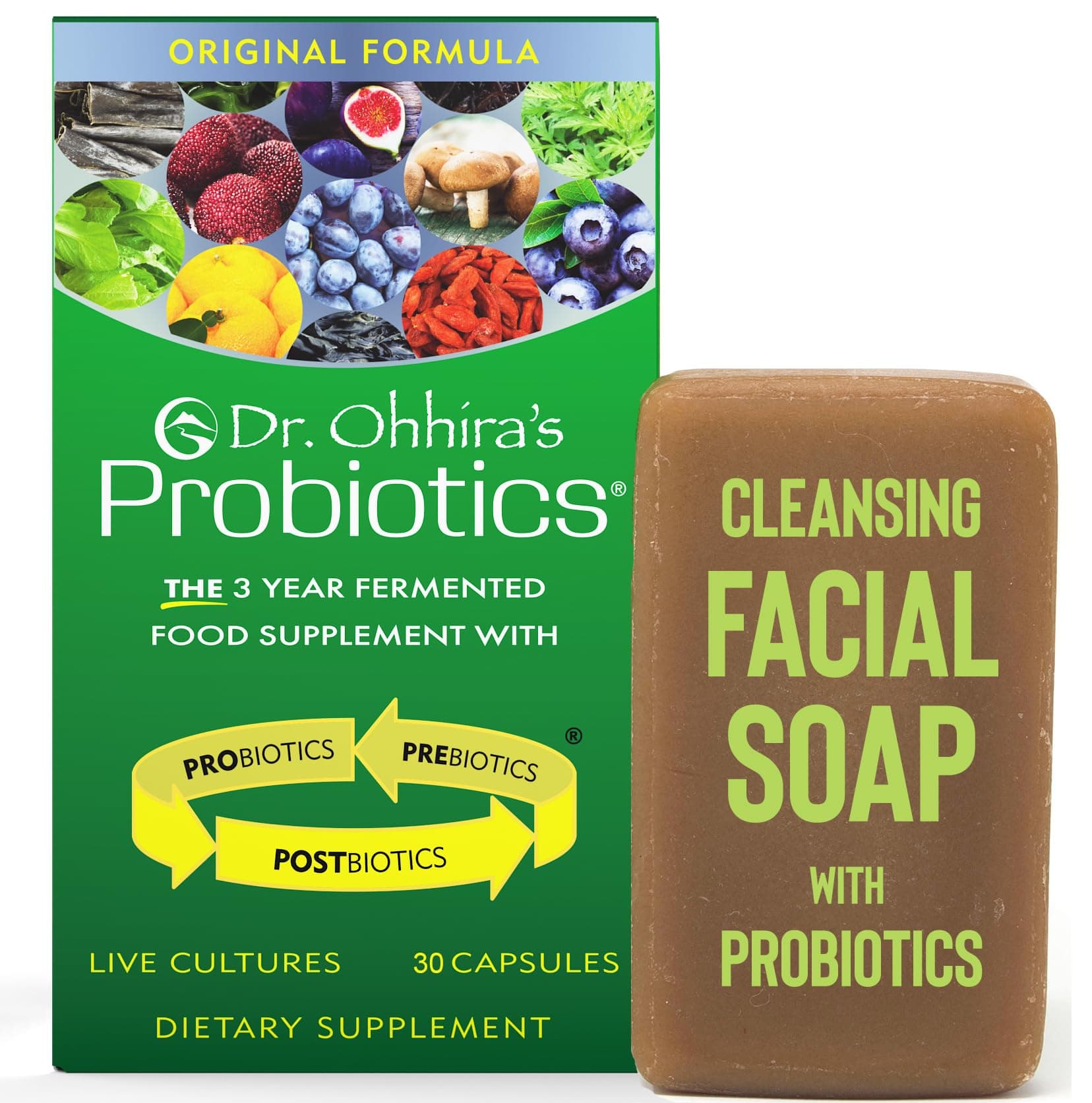 ESSENTIAL FORMULAS Dr. Ohhira's Probiotics Original 30 Caps with Bonus Probiotic-Enhanced Beauty Bar Soap Travel Size 20g