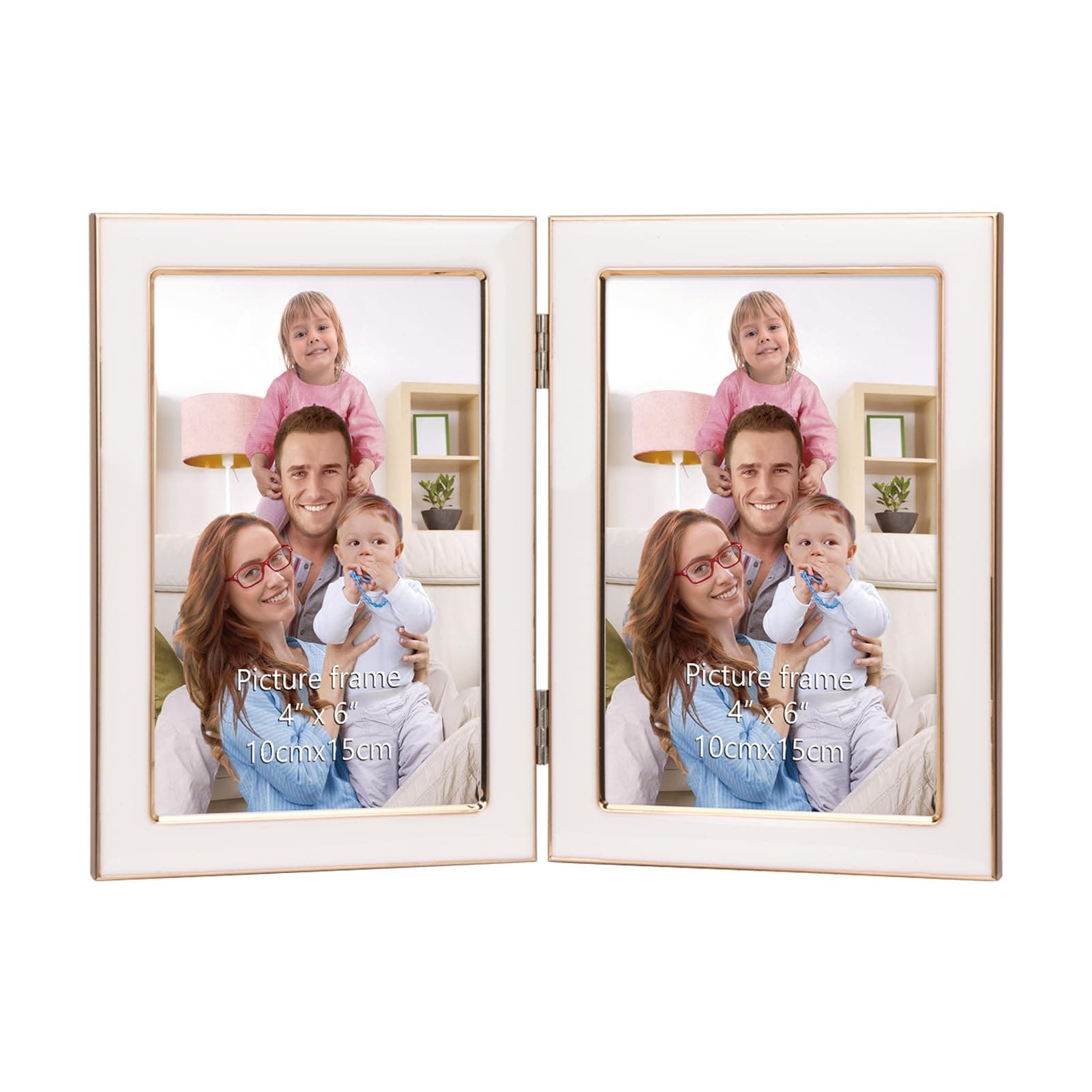 Giftgarden 4x6 Double Picture Frame White with Tempered Glass Display 4 by 6 Photo, Metal Hinged Folding Frame for Tabletop or Wall