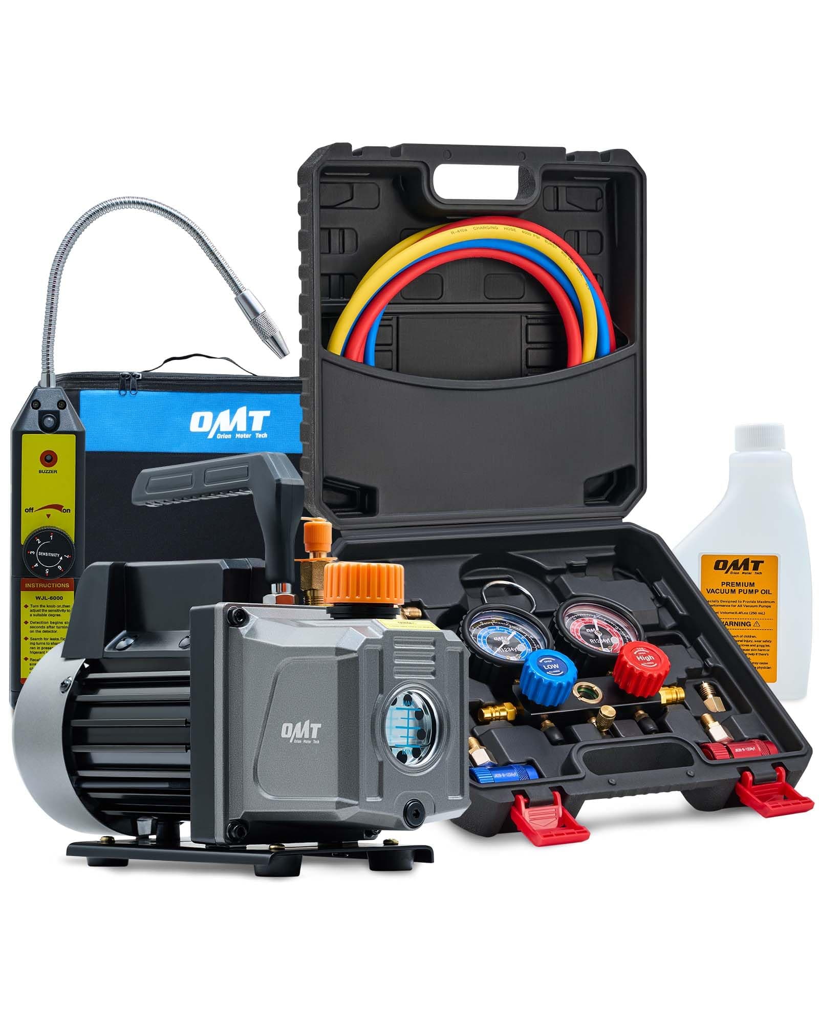 Orion Motor Tech R1234yf AC Gauges and Vacuum Pump, with Leak Detector 5FT Hoses R1234yf can tap R1234yf Quick Couplers, 4 cfm Vacuum Pump and Manifold Gauge Set, 1/3 HP Vacuum Pump R1234yf Gauge Set