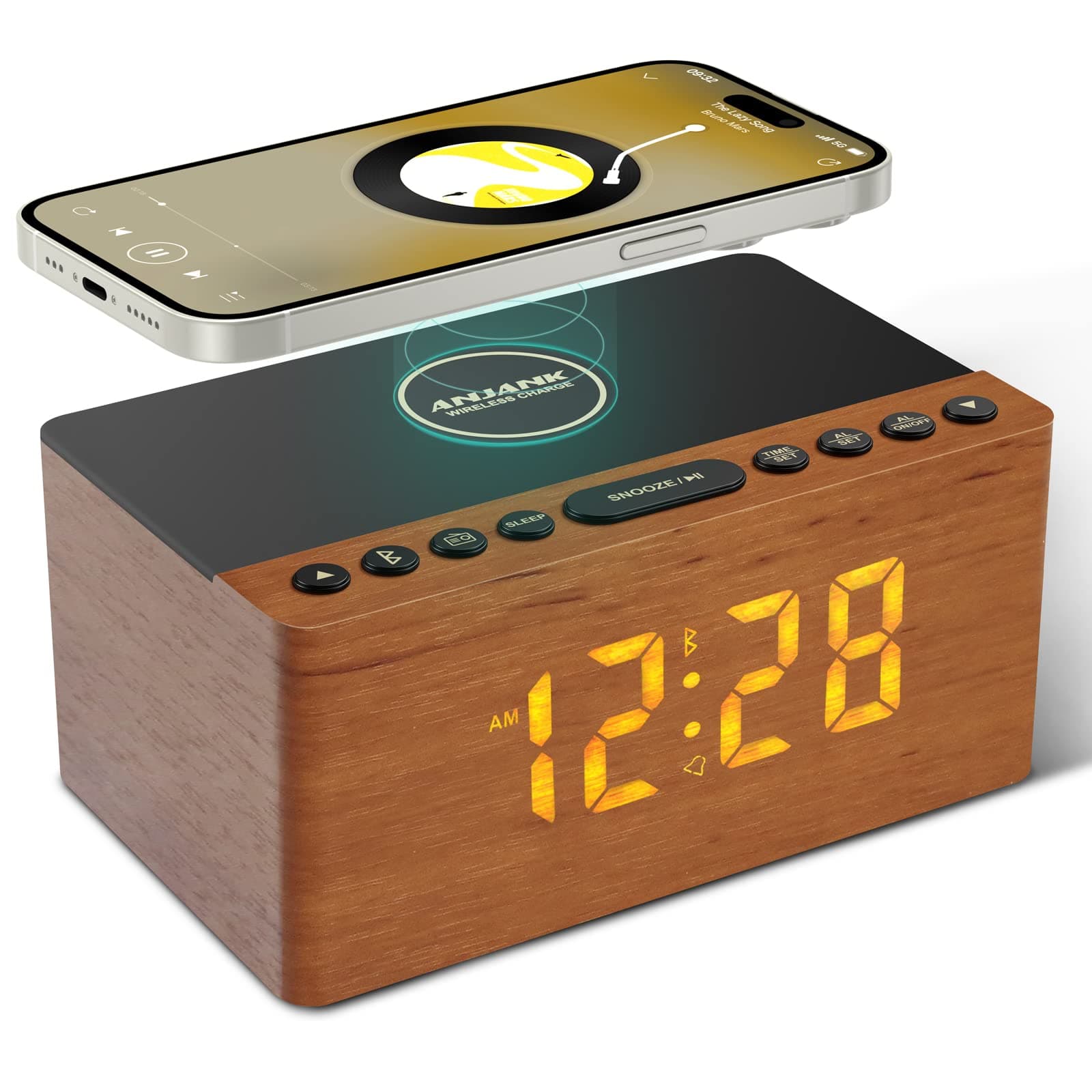 Wooden Bluetooth Speaker, Alarm Clock with FM Radio, Qi Certified Fast Wireless Charging Station for iPhone/Samsung, USB Charger Port, Dimmable Display, Digital Wood Clock for Bedroom, Bedside
