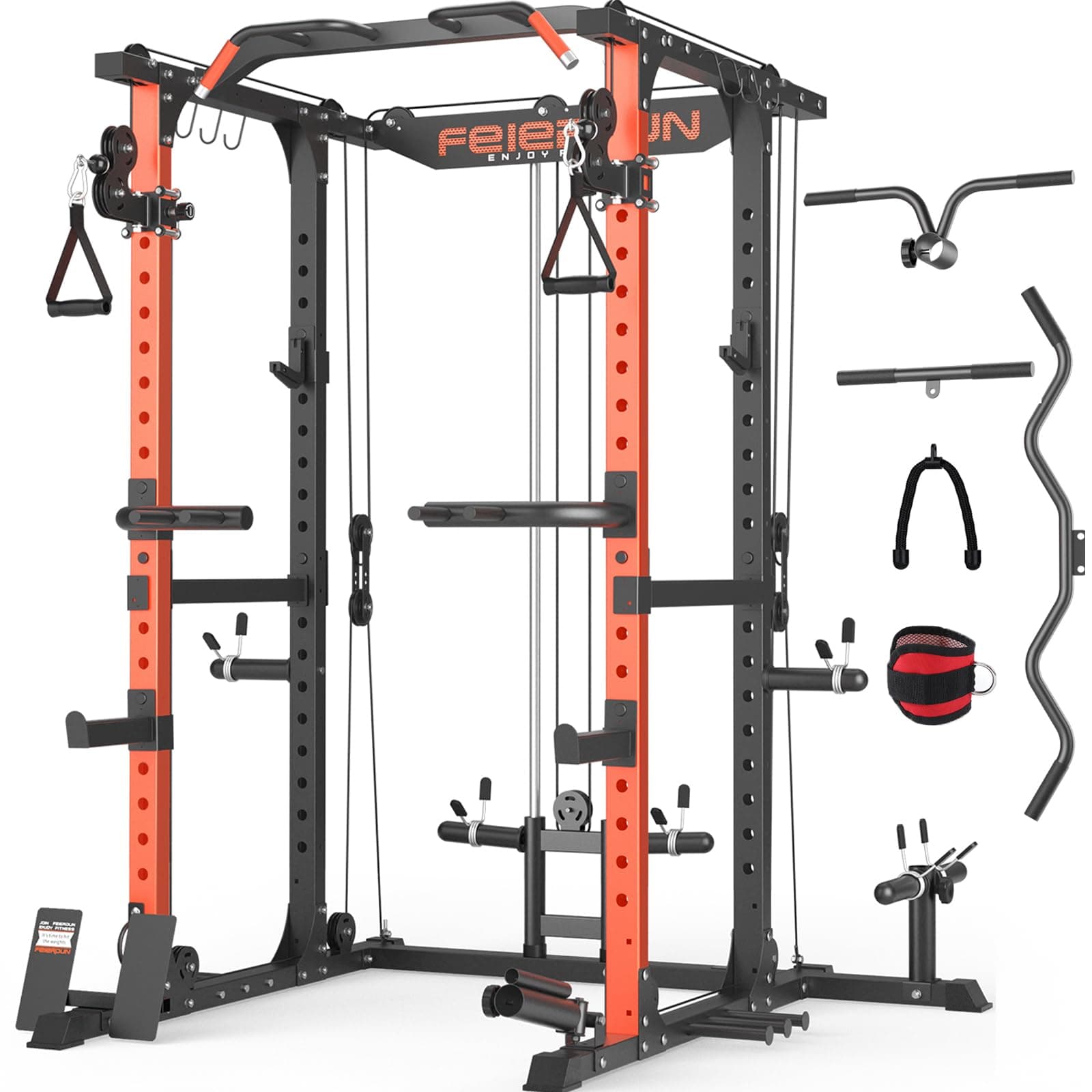 FEIERDUNMulti-Function Squat Rack Power Cage FLA01 with Cable Crossover System, 2000LBS Capacity Power Rack and Packages with Optional Weight Bench, Olympic Barbell Weight Set, for Garage & Home Gym