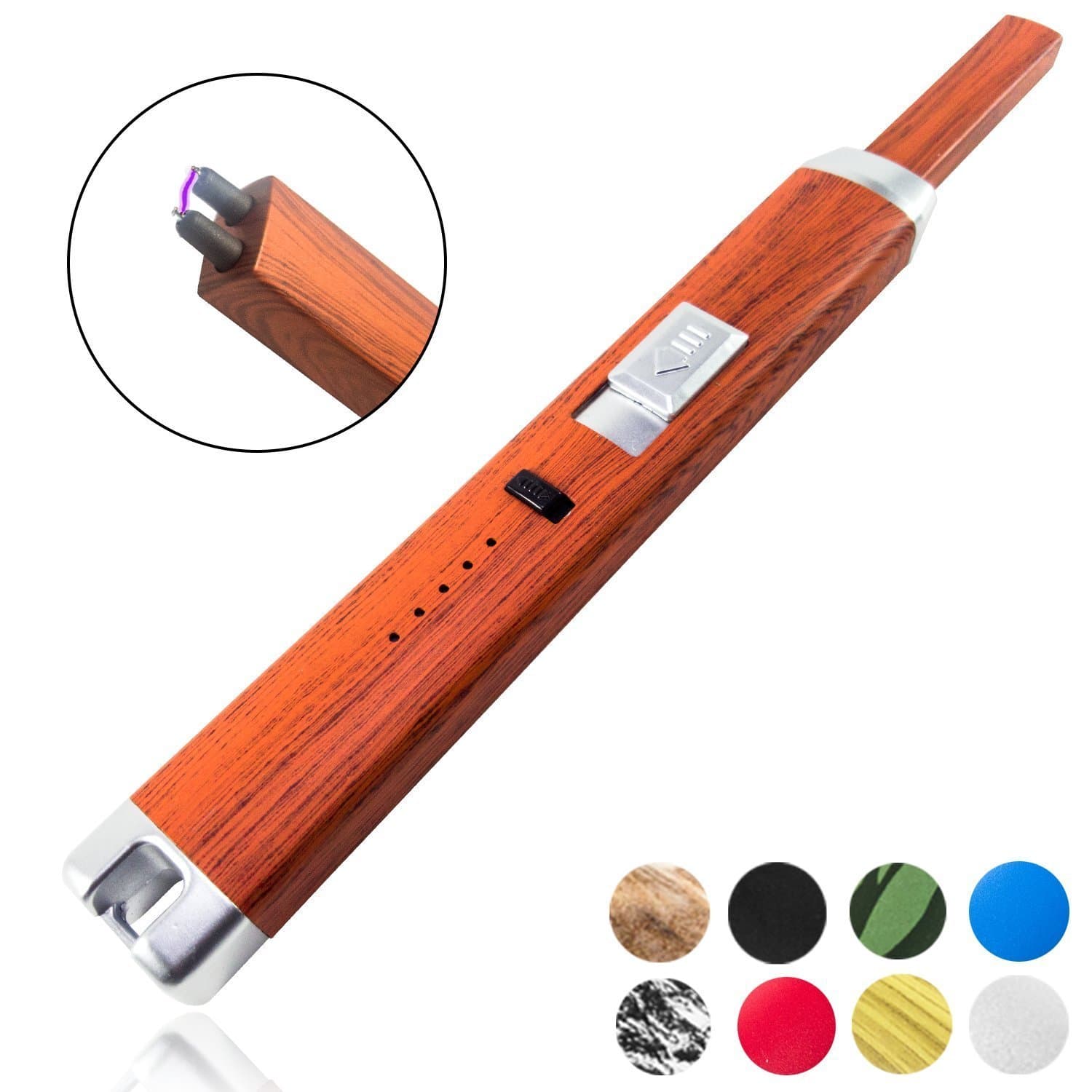 Electric Arc Lighter - 9 Colors - Multipurpose - Safety Lock - Long Neck - USB Rechargeable - Flameless - Windproof - No Butane - Candle - BBQ - Camping - Grill - Stove - Kitchen (Red Wood)