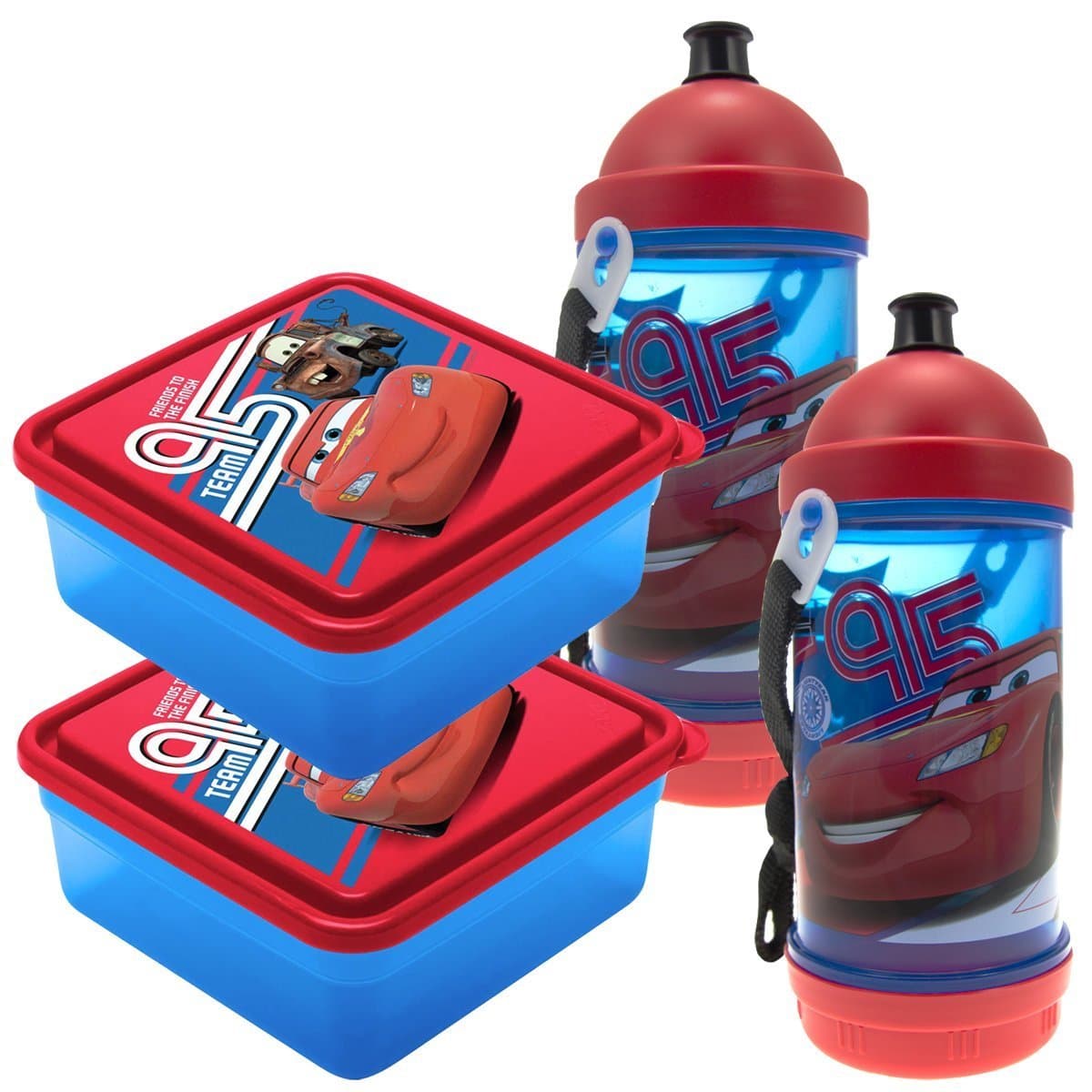 Set Of 2 Disney Cars Sip N Snack Canteen Bottles, 2 Chillpak Sandwich Containers Lunch For Kids
