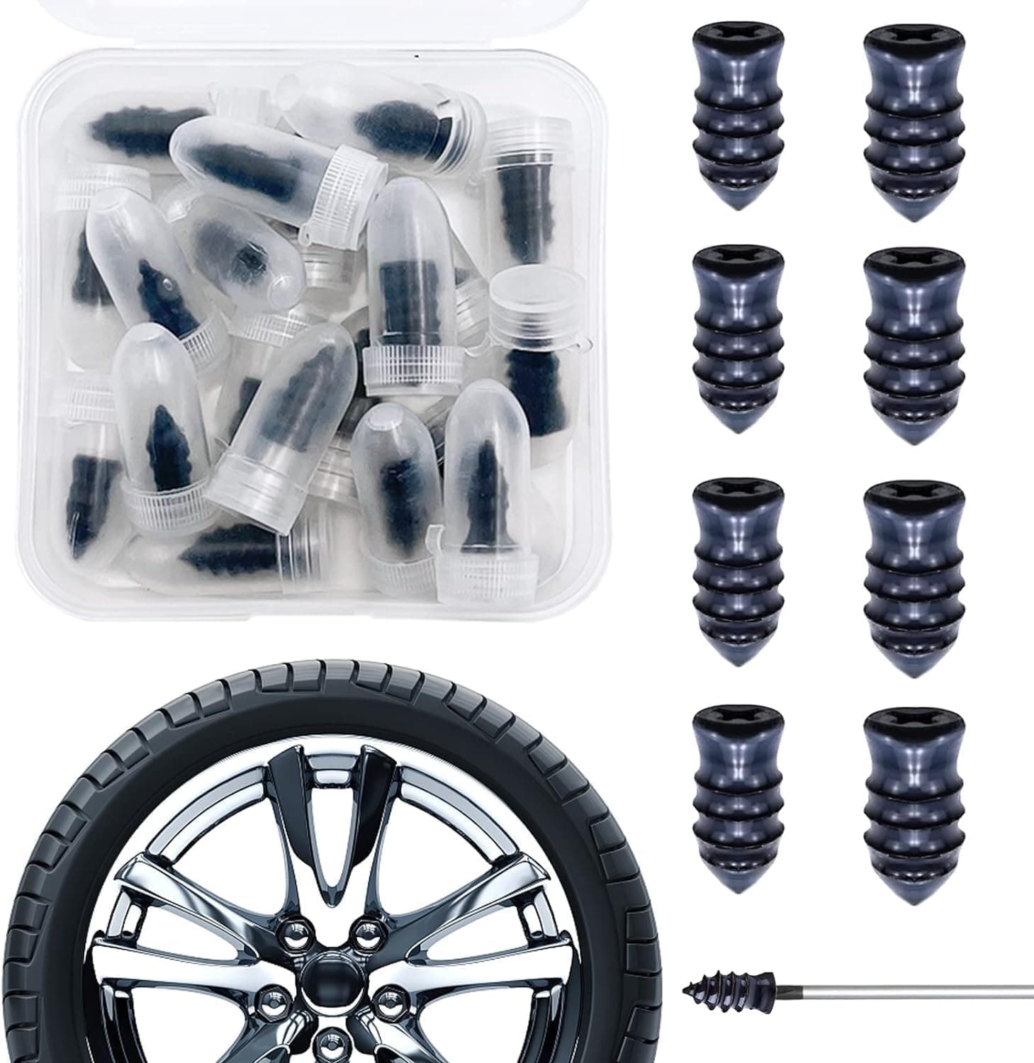 20 Pc's Tire Repair Rubber Nail and Screw Set - Fast Repair Tool for Car and Motorcycle Punctures, Black