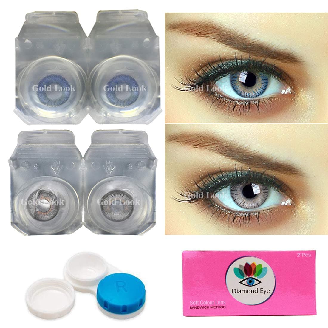 Dark Blue and Grey Monthly Color Contact Lens Zero Power With Case and Solution