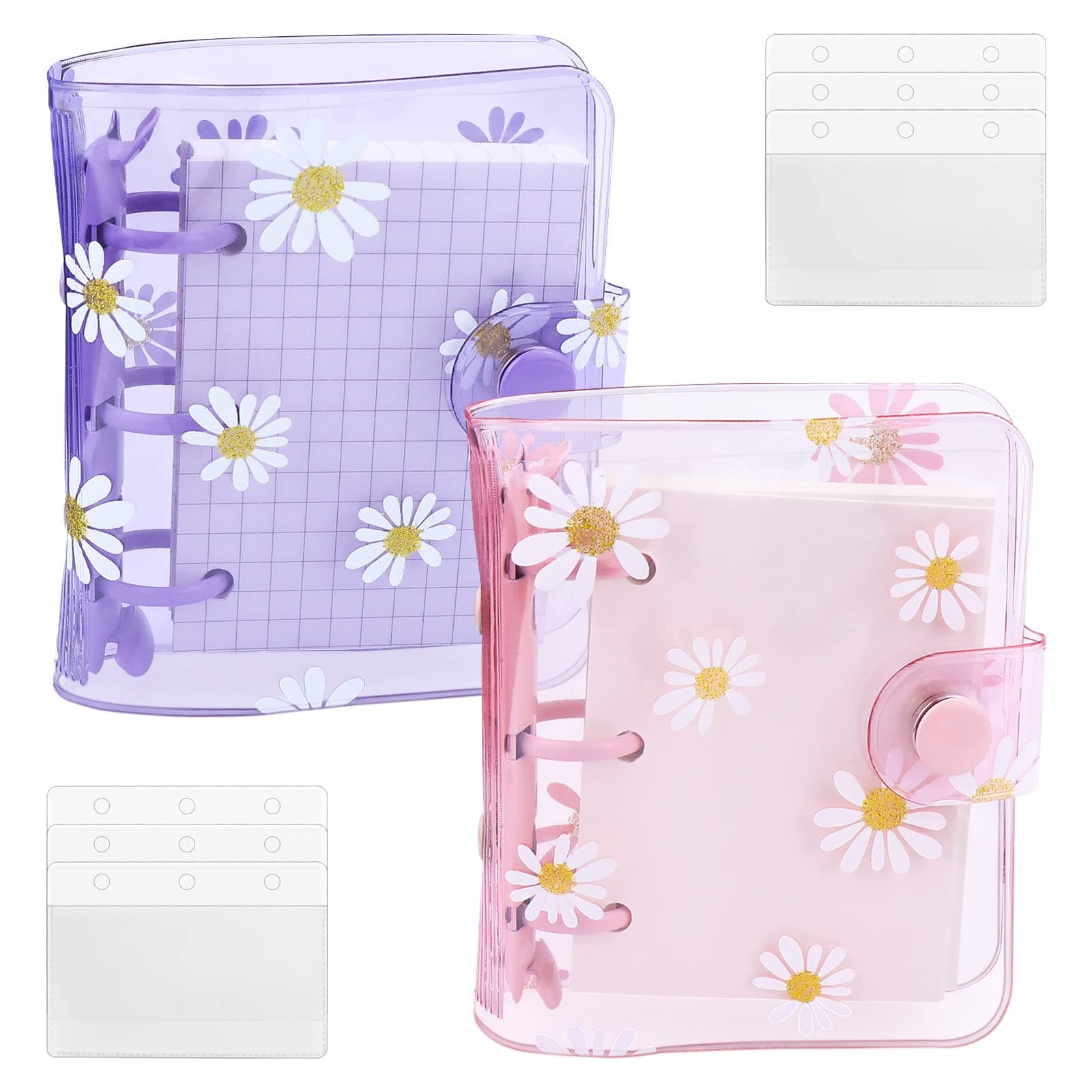 2 Sets Mini Transparent 3 Ring Binder Covers With Daisy Pattern, Inner Paper and Pockets - Clear Soft PVC Notebook Loose Leaf With Snap Button for Diary Journal